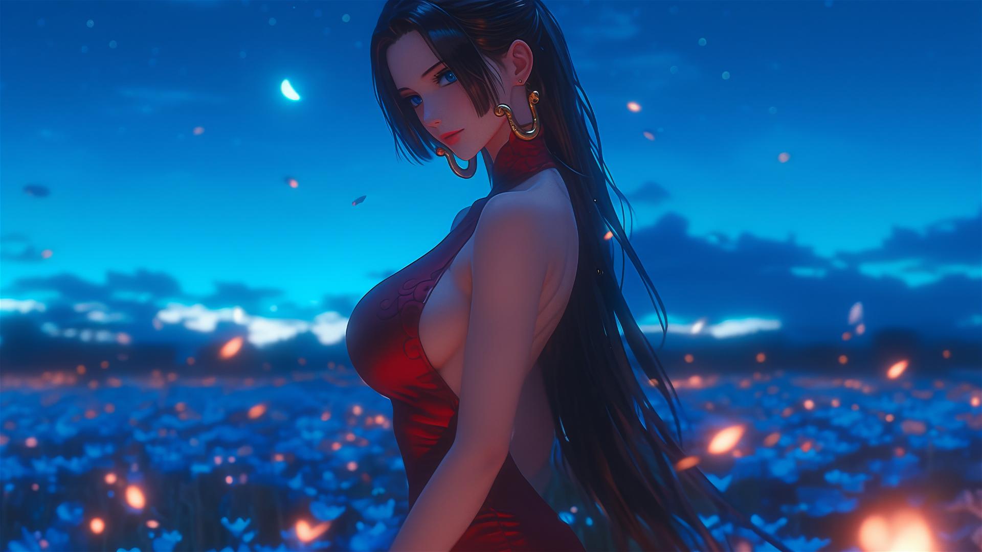 Boa Hancock in red dress walking through blooming fields under starry night and moonlight