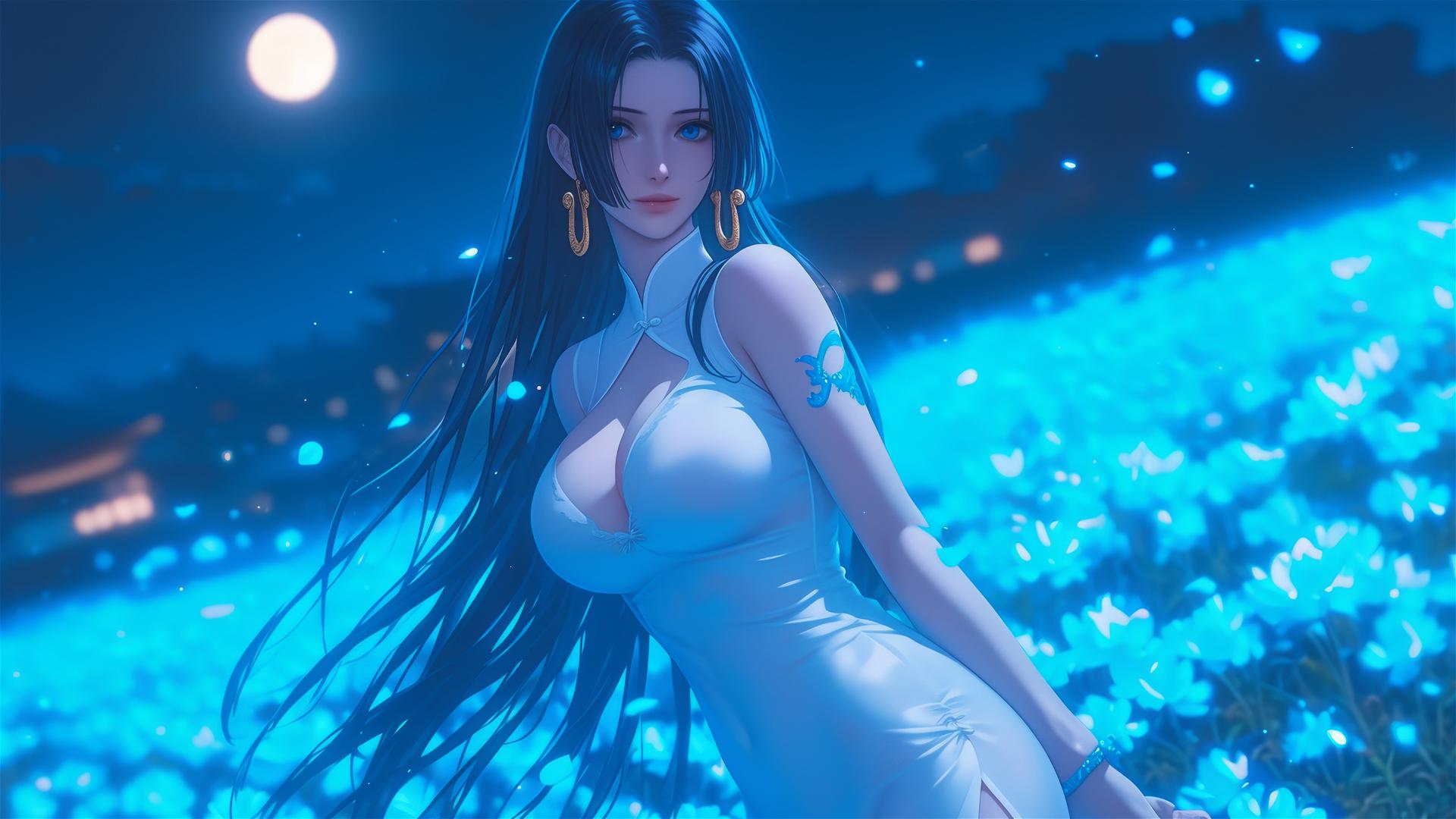Boa Hancock from One Piece walking on blooming fields under starry night with moon light glow