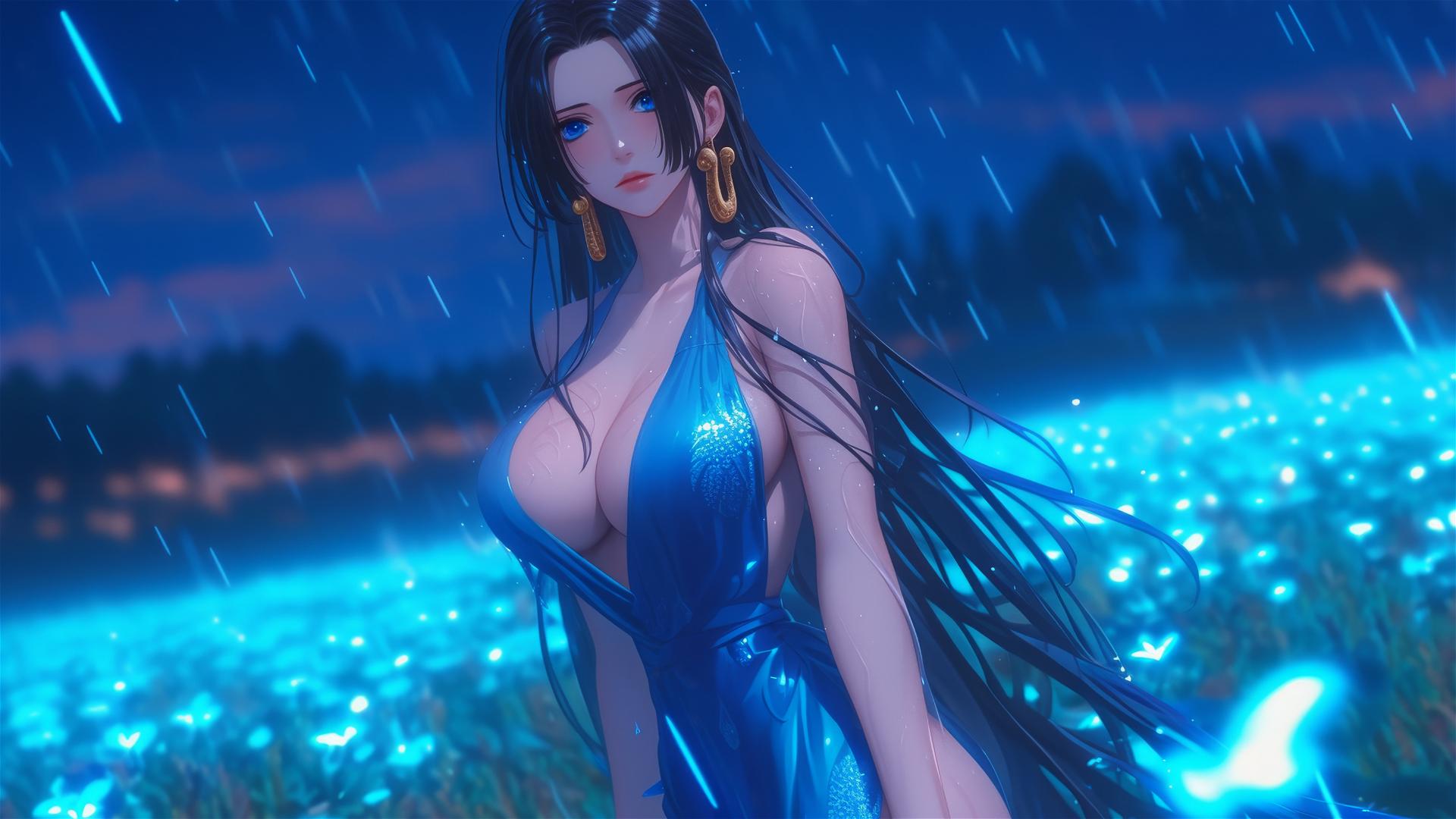 Boa Hancock leisurely walking in blooming fields under a starry sky and moonlit glow