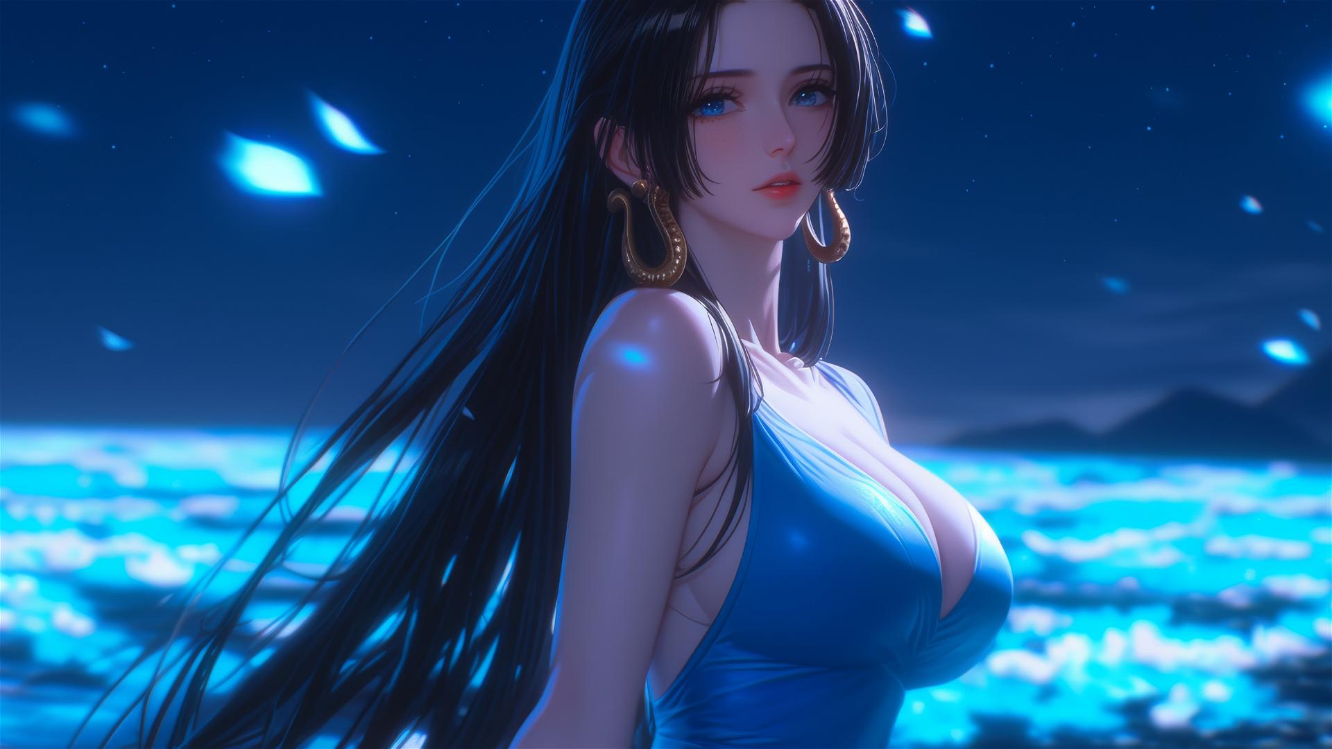 Boa Hancock from One Piece walking on blooming fields under starry night with moonlight glow, wearing pure blue dress