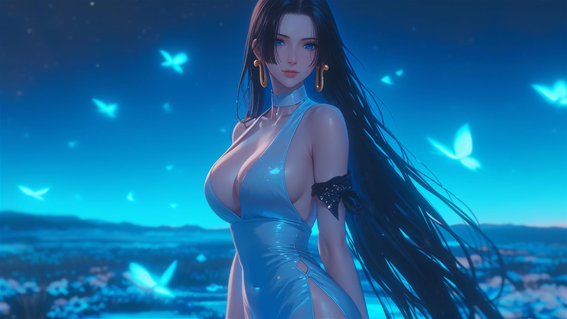 Boa Hancock walking in blooming fields under a starry night