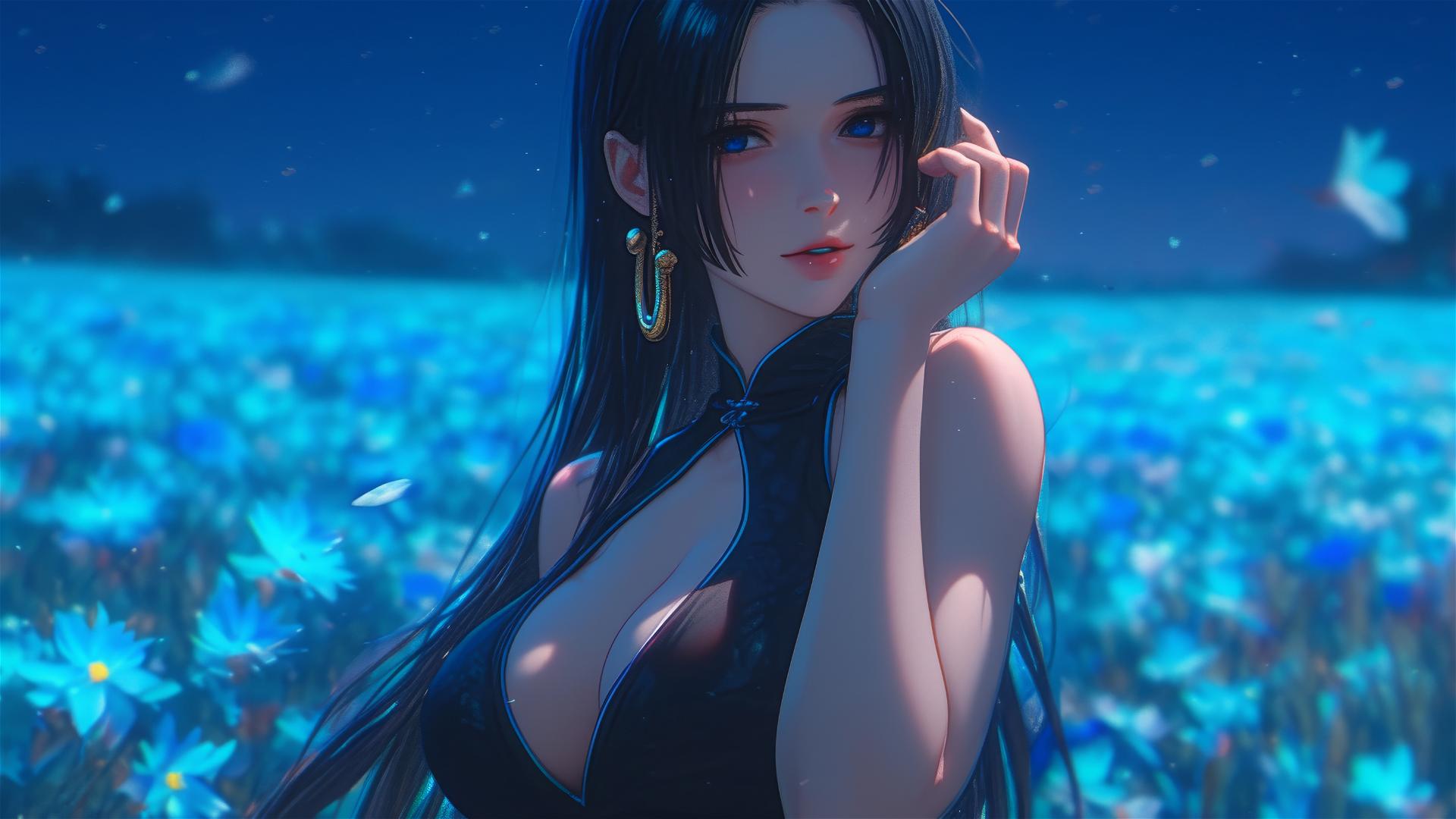 Boa Hancock from One Piece walking in blooming fields under a starry sky with moonlight on her figure, wearing a pure black dress