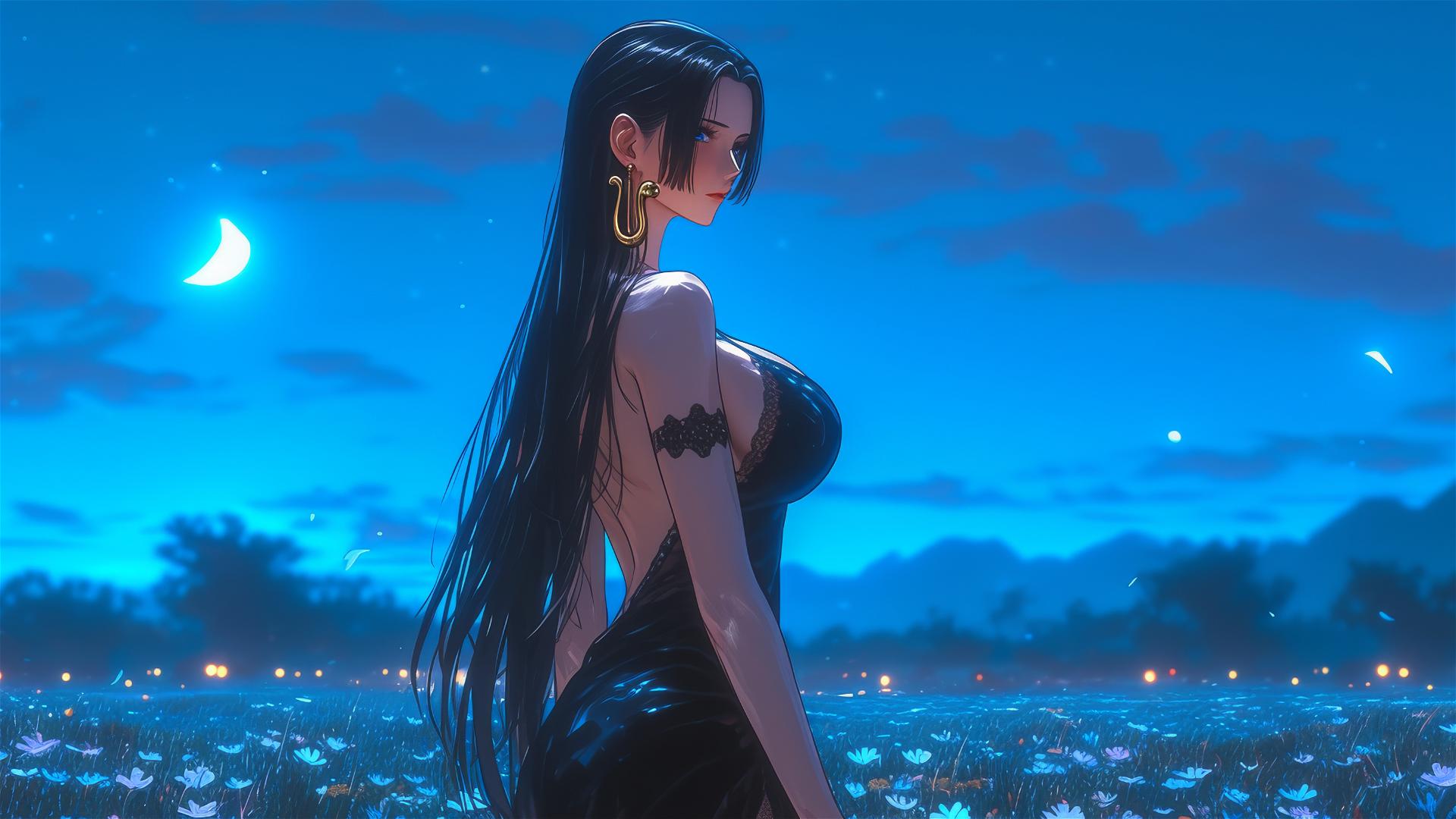 Boa Hancock from One Piece walking on blooming fields at night, moon casting glow on her in black dress