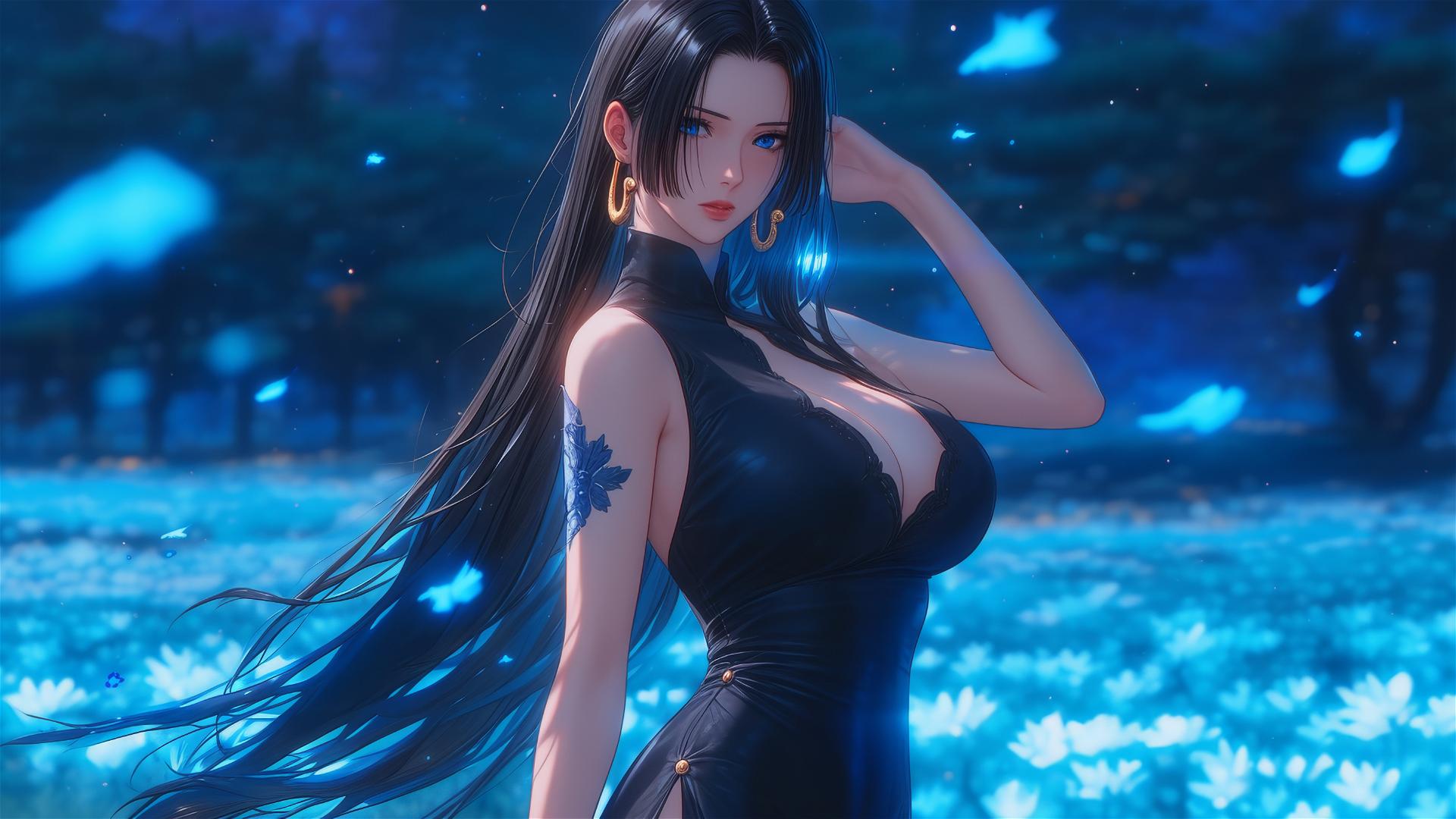 Boa Hancock from One Piece, leisurely walking on starry fields in bloom under moonlight, in a black dress, depicting tranquility and aesthetics