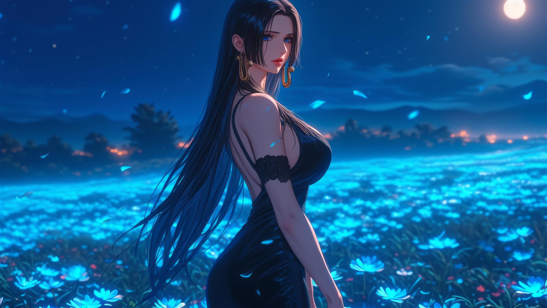 Boa Hancock from One Piece walking in blooming fields under a starry, moonlit sky in a black dress