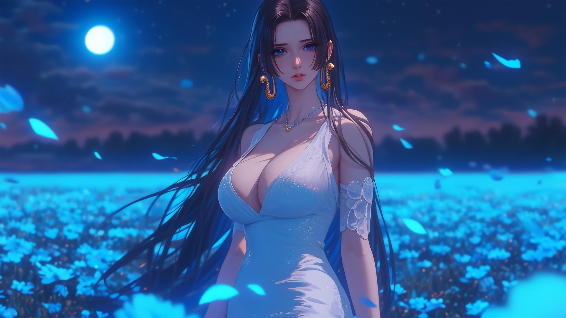 Boa Hancock walking on blooming fields under a starry night with soft moonlight glow