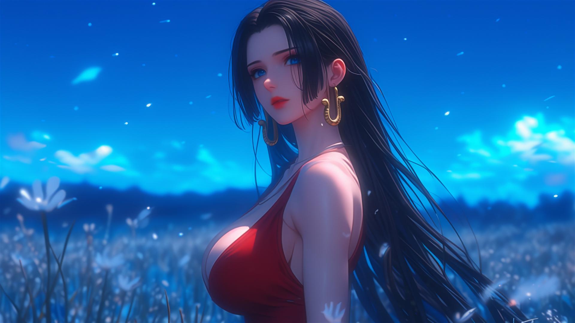 Boa Hancock walking in blooming fields under a starry night with moonlit glow