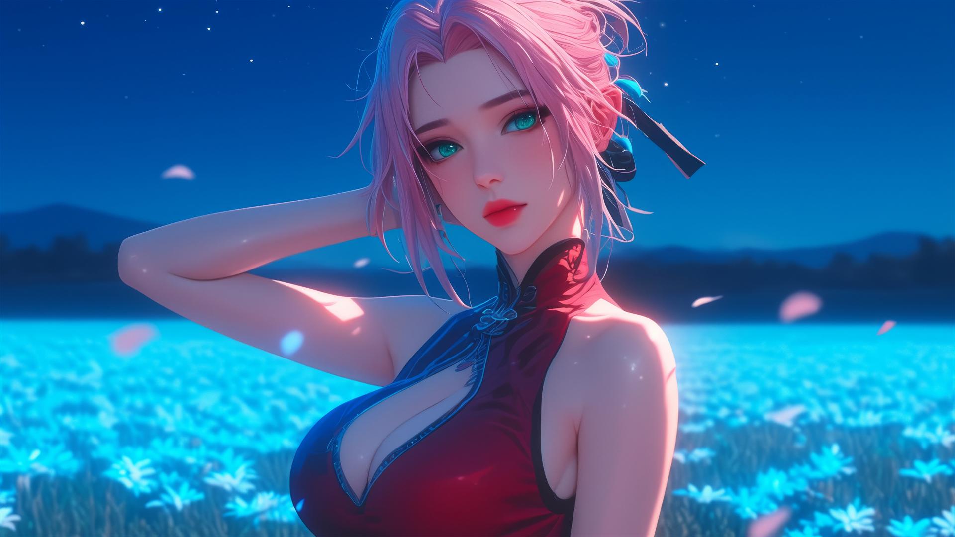 Sakura Haruno from Naruto, walking in blooming fields under a starry night