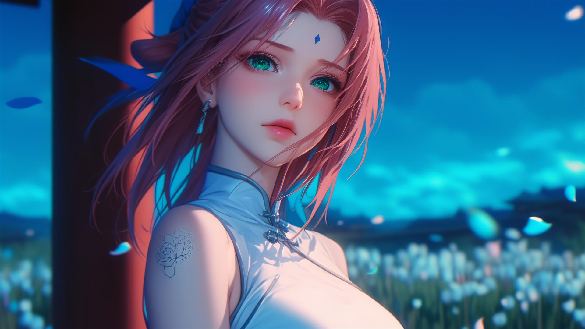 Sakura Haruno from Naruto, walking in blooming fields under a starry night