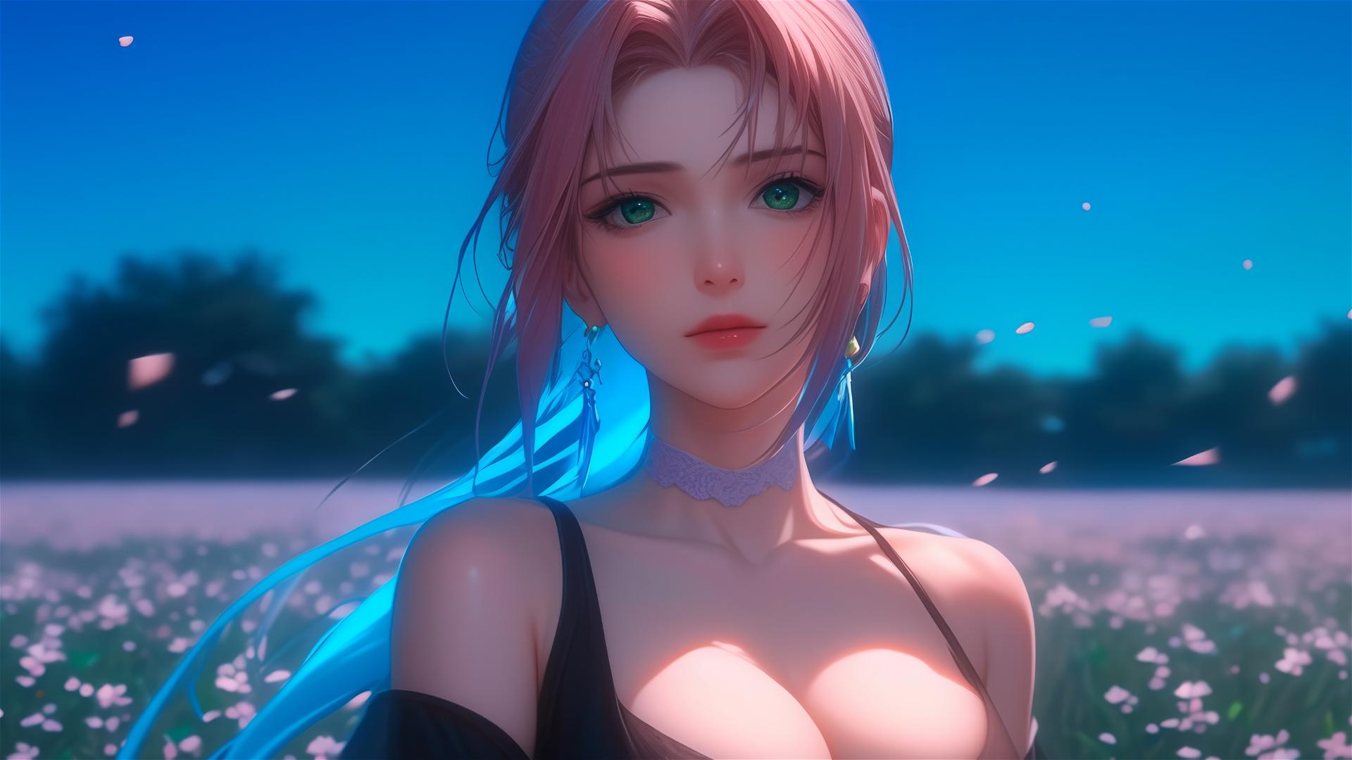 Sakura Haruno from Naruto walking in blooming fields at night under moonlight