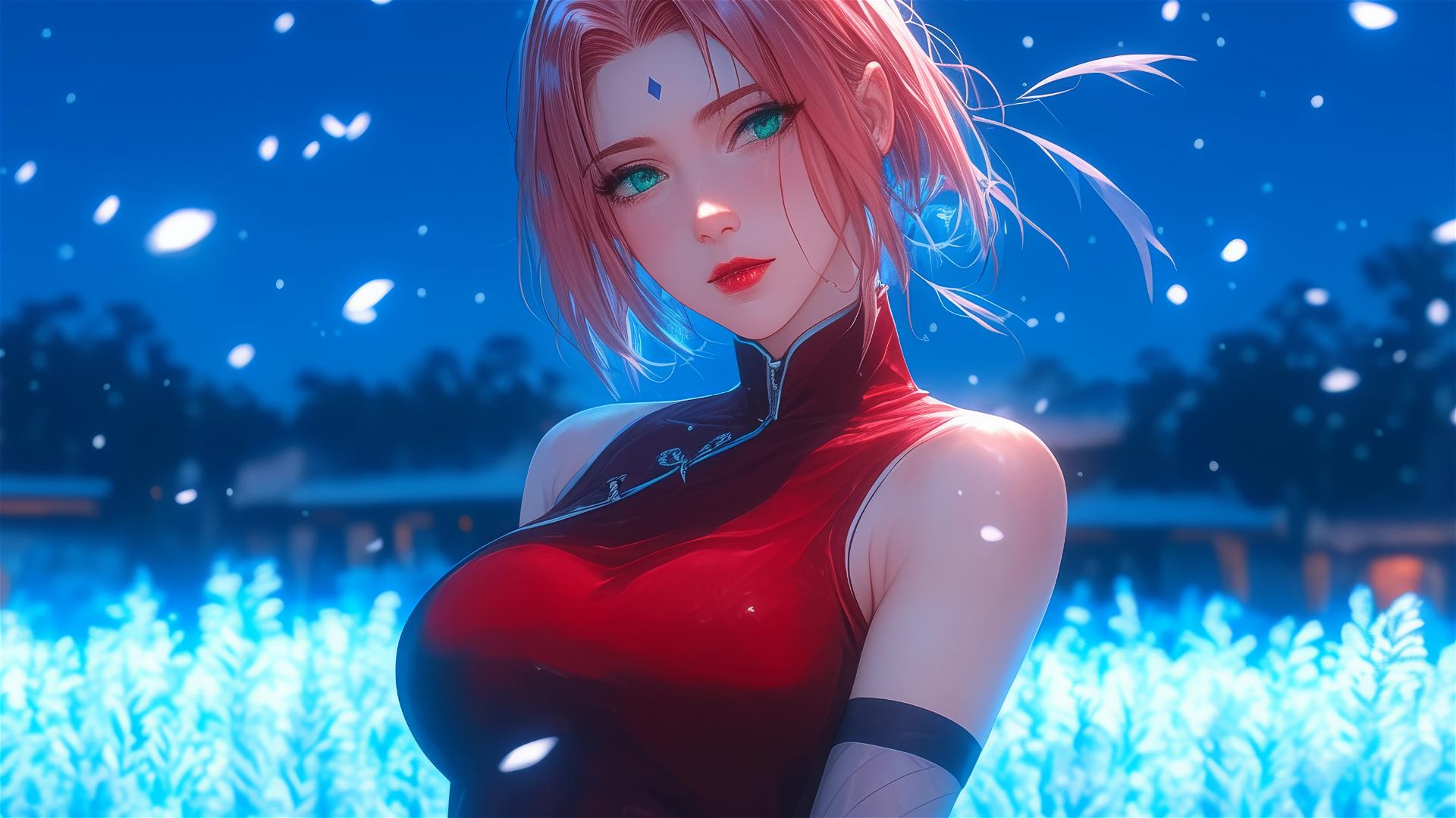 Sakura Haruno from Naruto walking in blooming fields at night under moonlight
