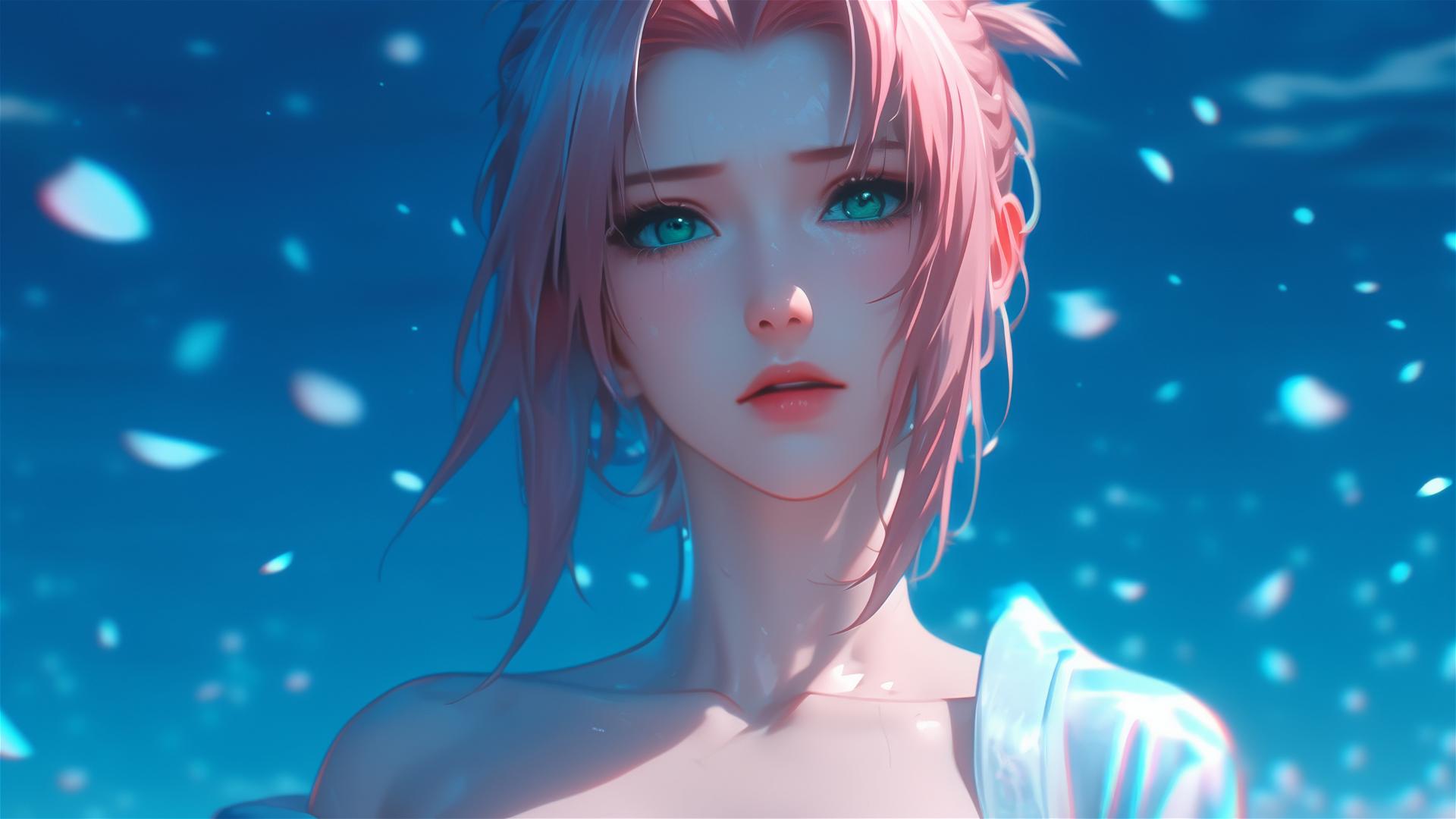 Sakura Haruno from Naruto walking in blooming fields under starry night with moonlight on her figure