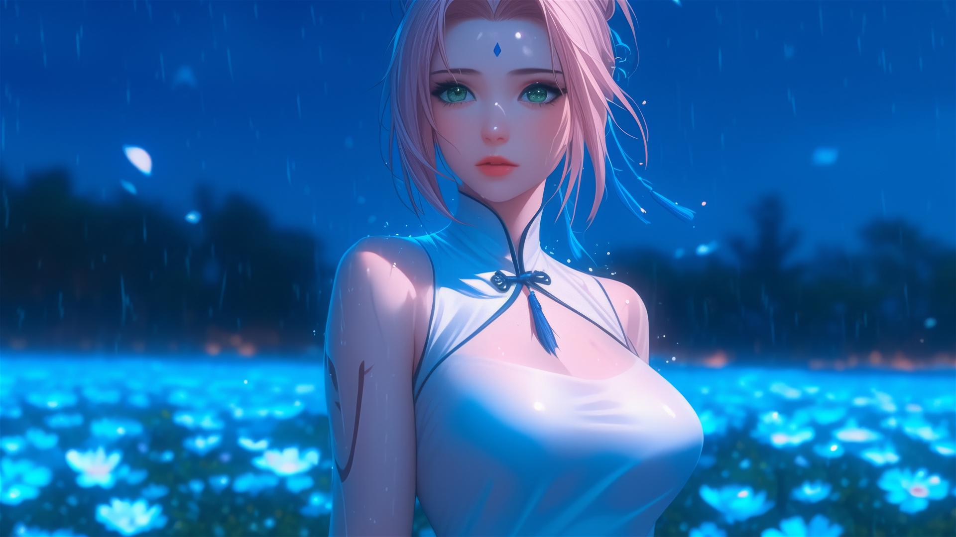 Sakura Haruno Naruto walking blooming fields starry night