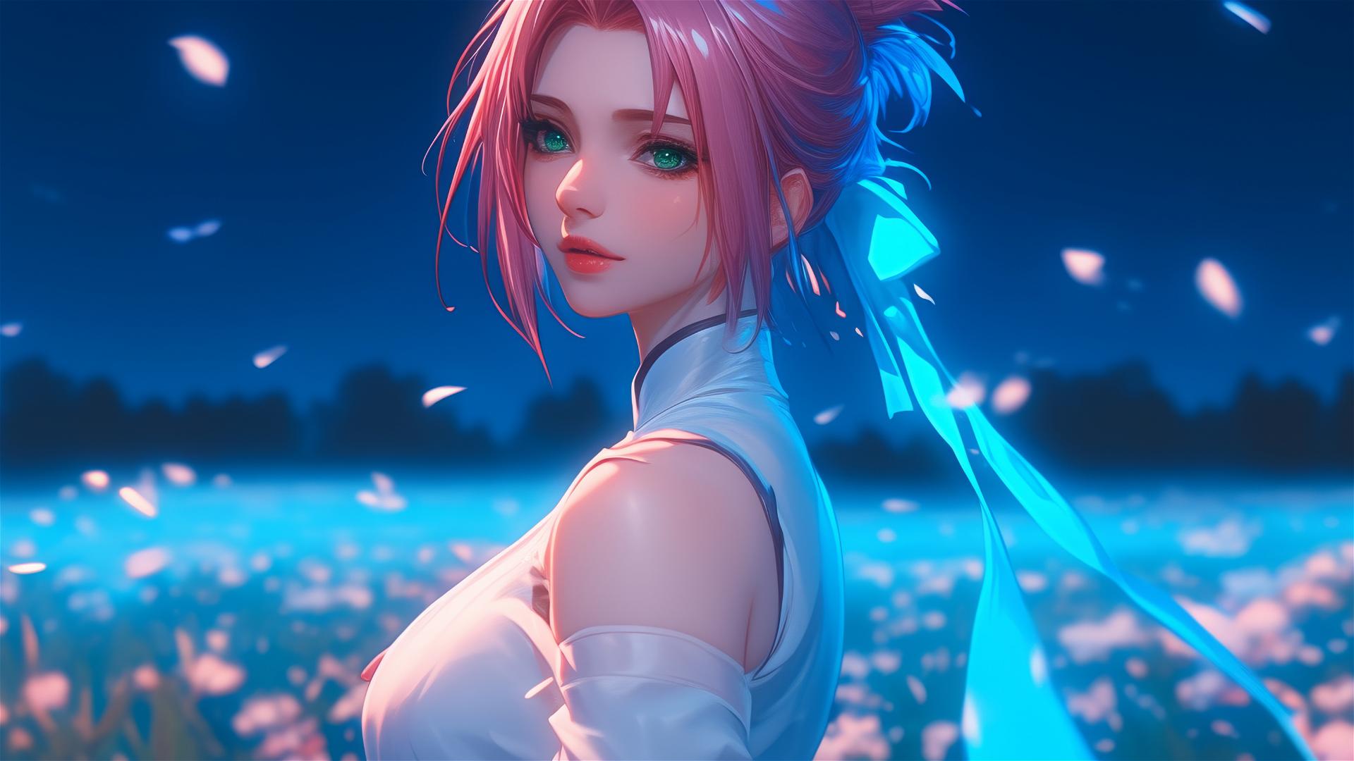 Sakura Haruno walking in blooming fields under starry night and moonlight