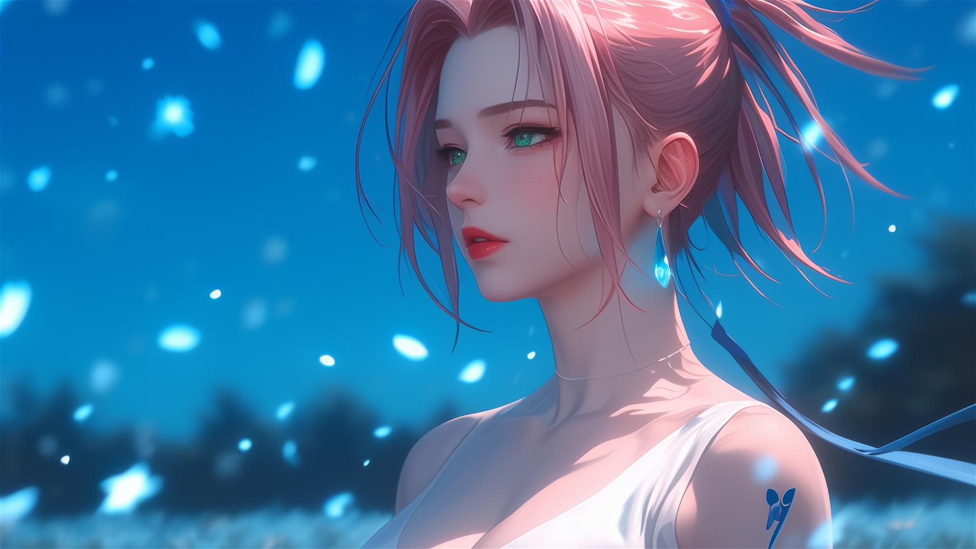 Sakura Haruno, short pink hair, walking in blooming fields under starry sky, moonlit glow