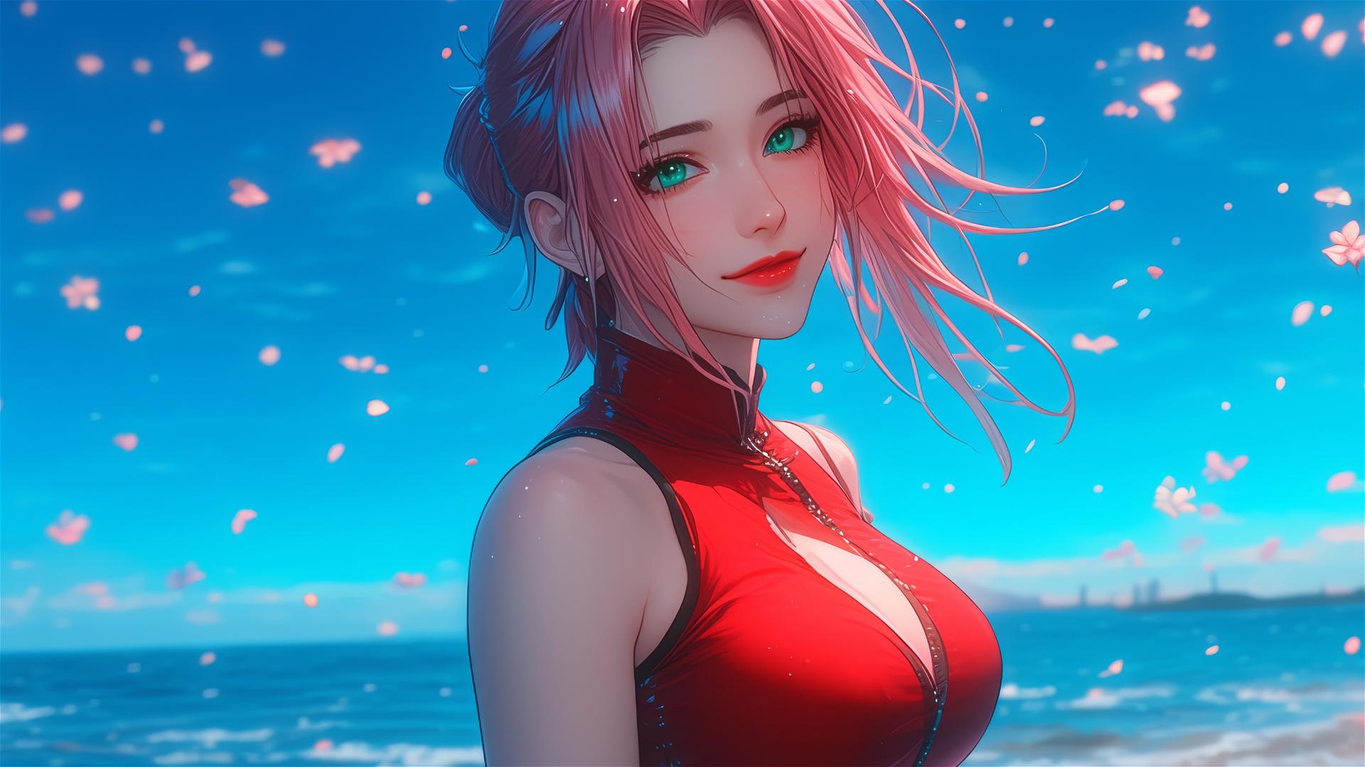 Sakura Haruno walking under starry sky with moonlit blooming fields