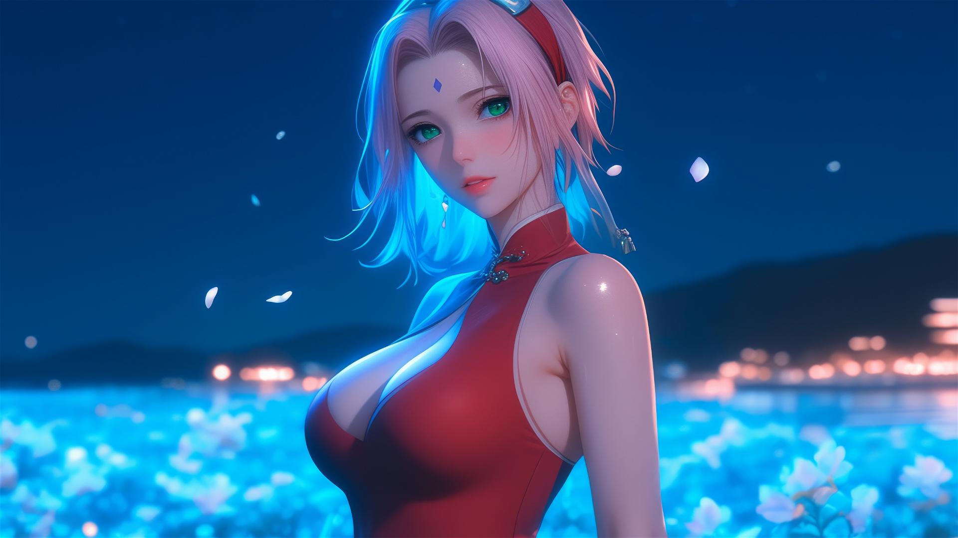 Sakura Haruno walking in bloom under starry night with moon glow