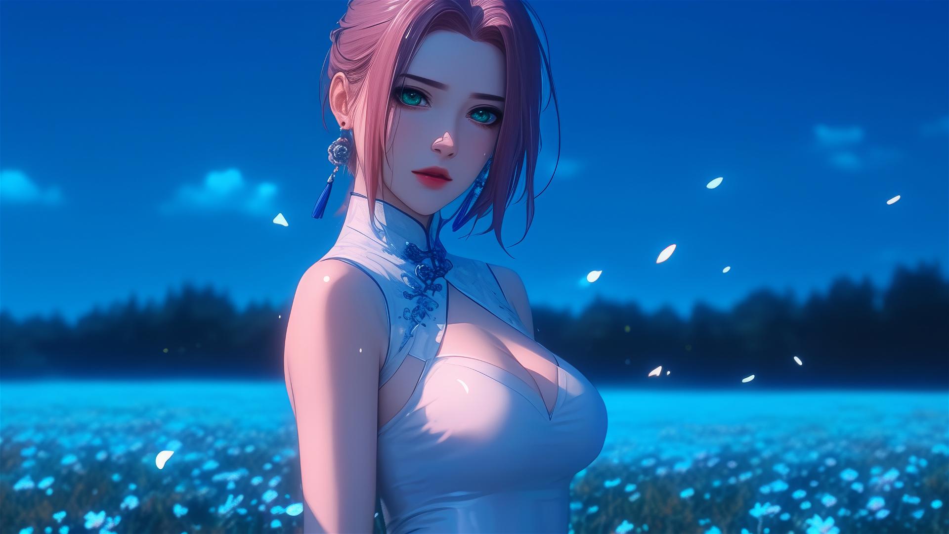 Sakura Haruno walking on blooming fields under starry night with moonlit figure