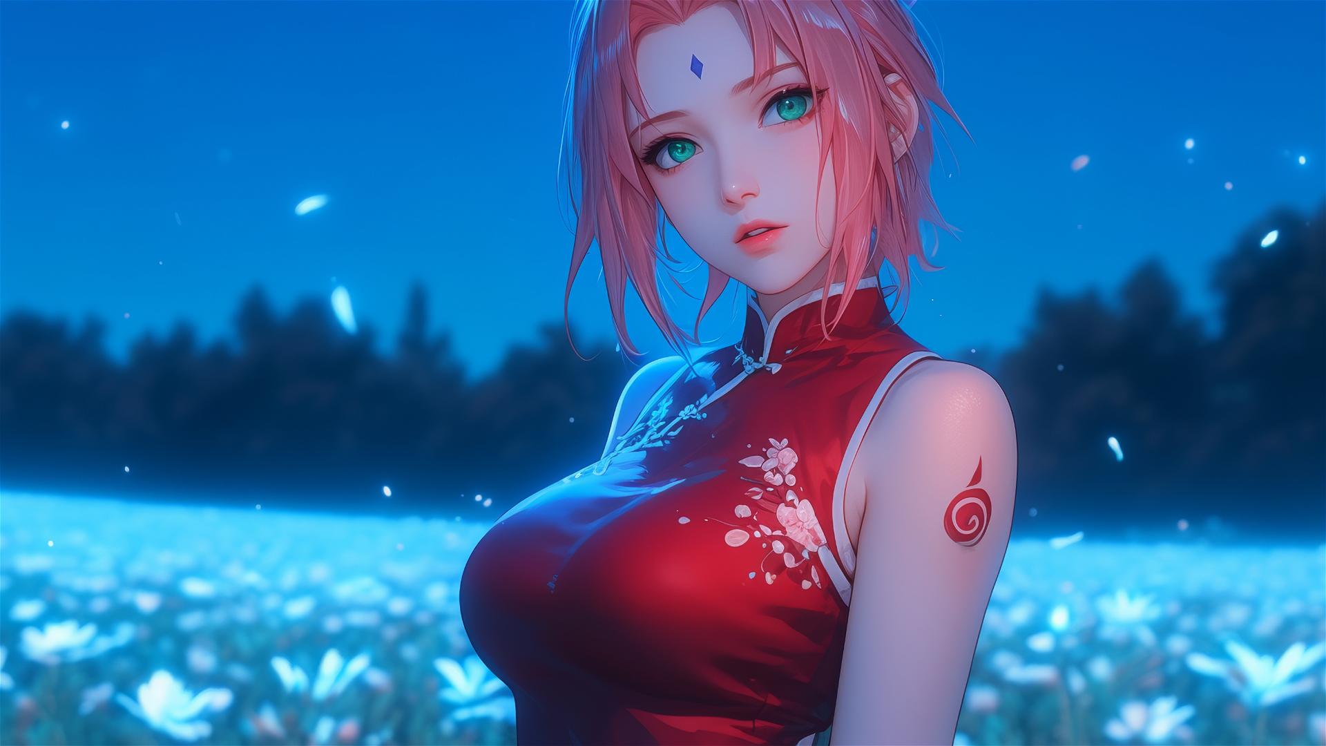 Sakura Haruno from Naruto walking in blooming fields under starry night