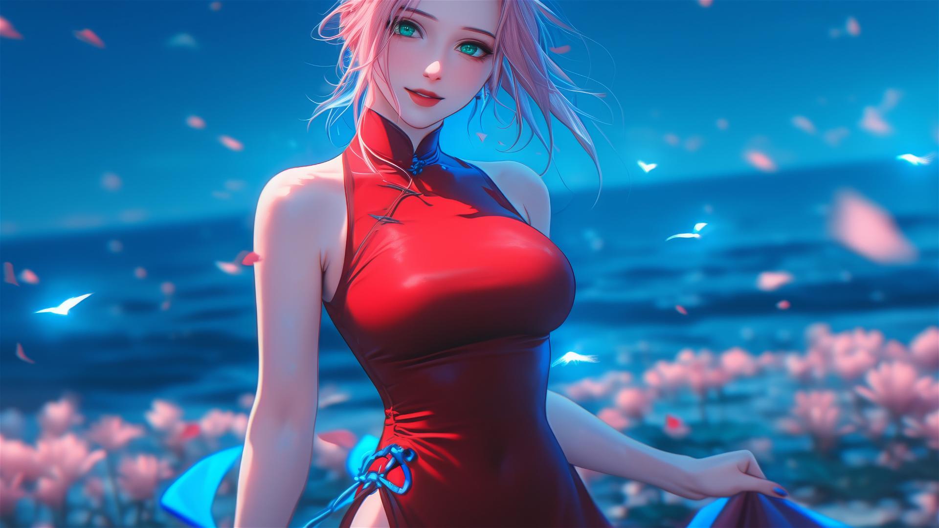 Sakura Haruno walking in blooming fields under starry night with moonlight