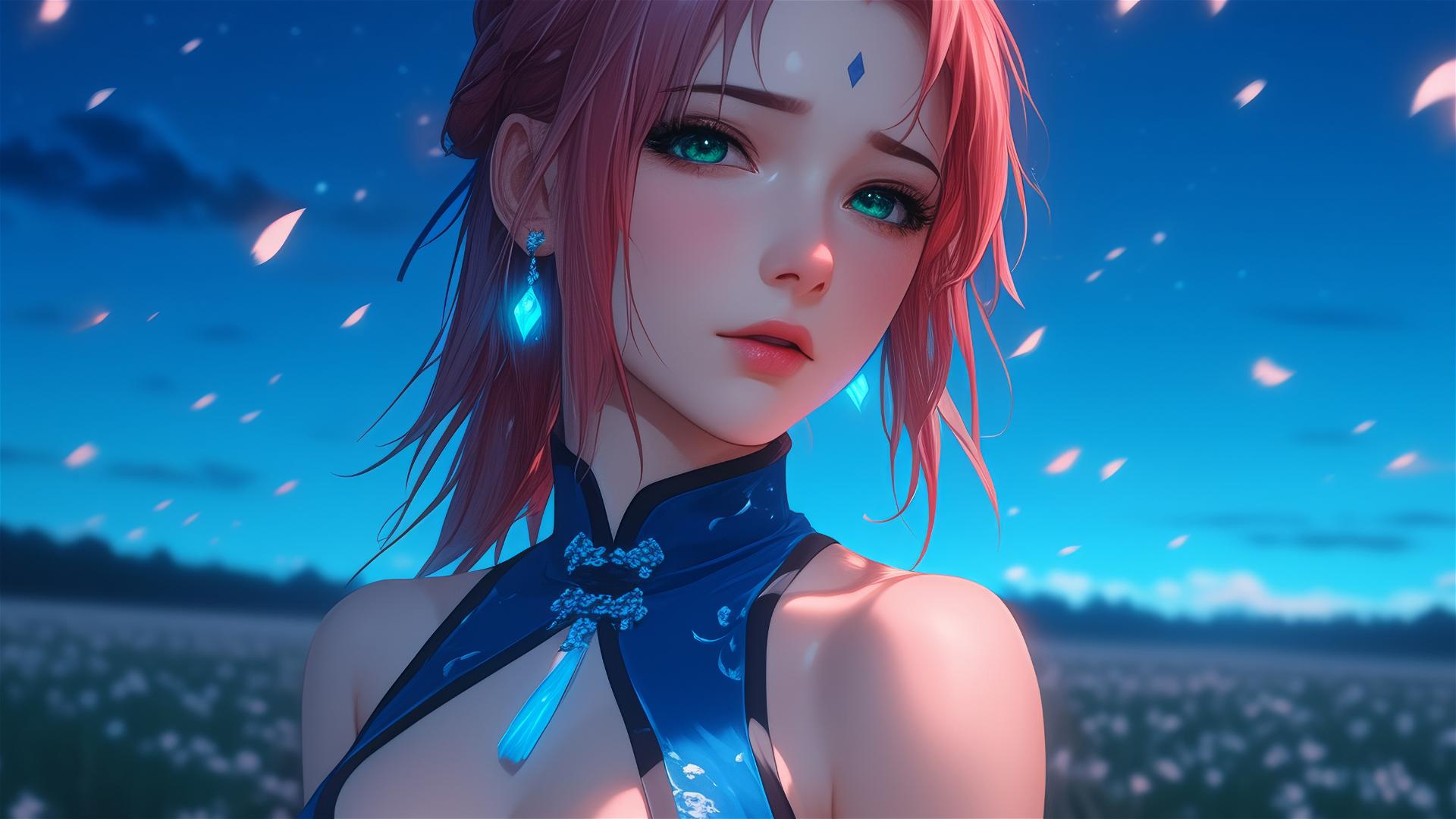 Sakura Haruno walking in blooming fields under a starry night with moonlight.