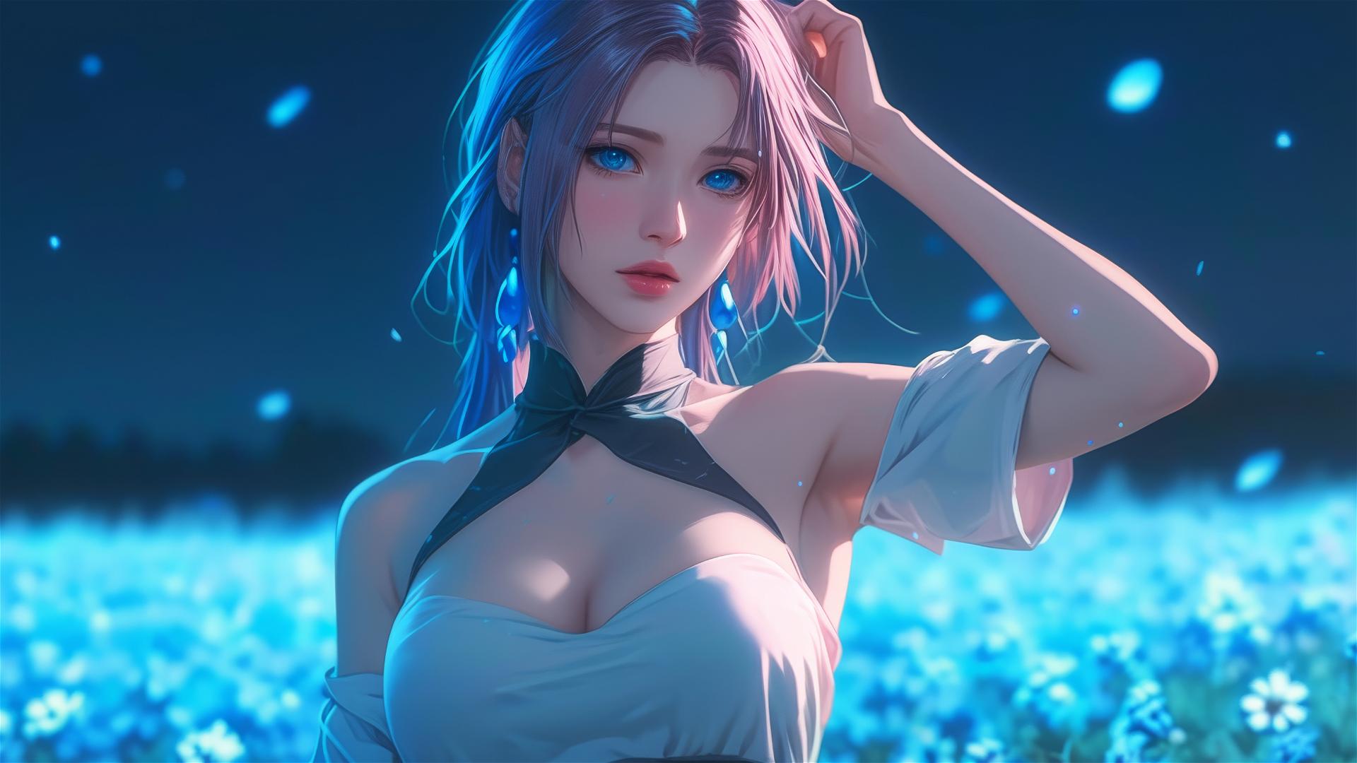 Sakura Haruno from Naruto walking on blooming fields under starry night with moonlight glow