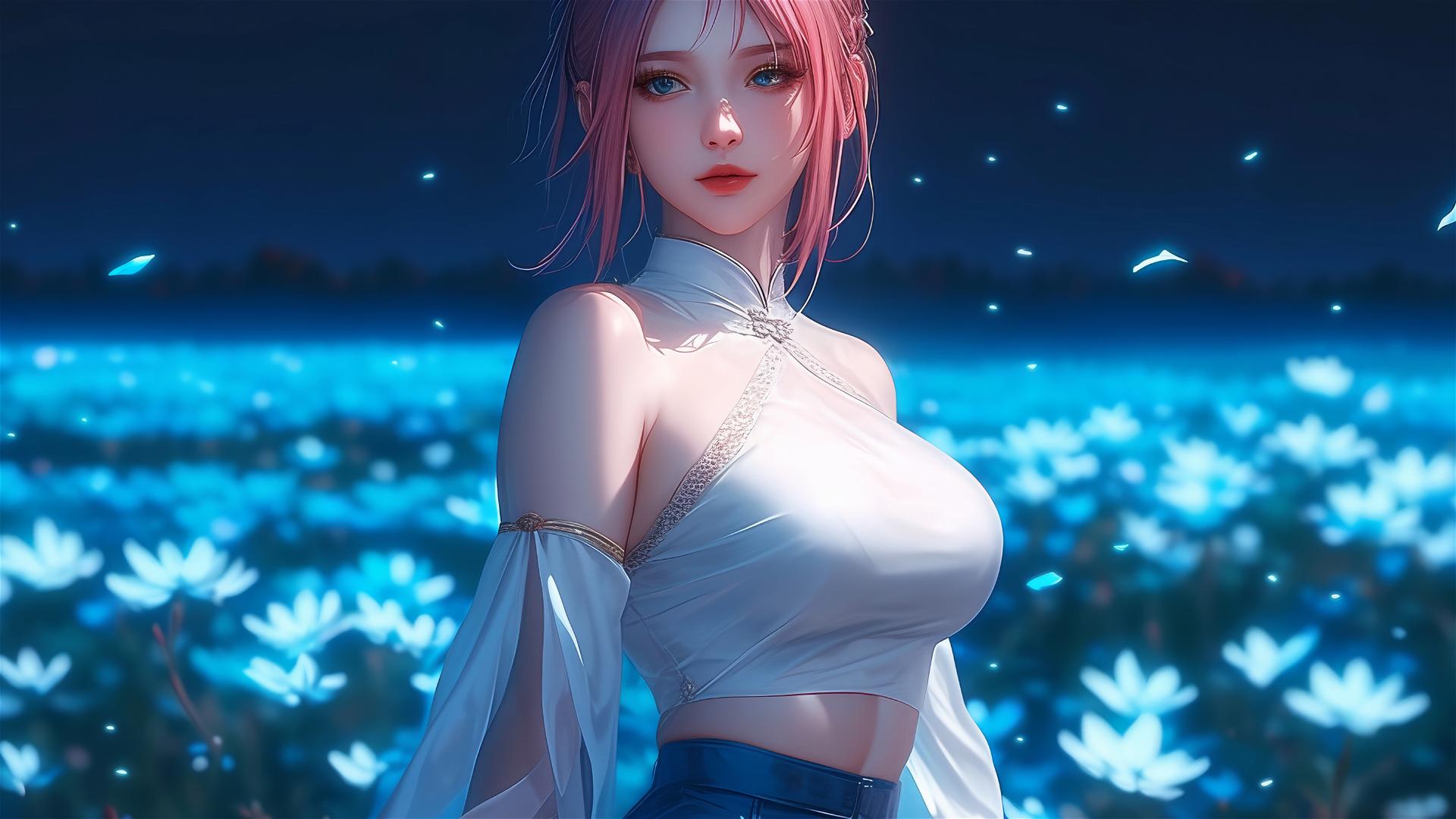 Sakura Haruno from Naruto walking in blooming fields under starry sky with moonlight