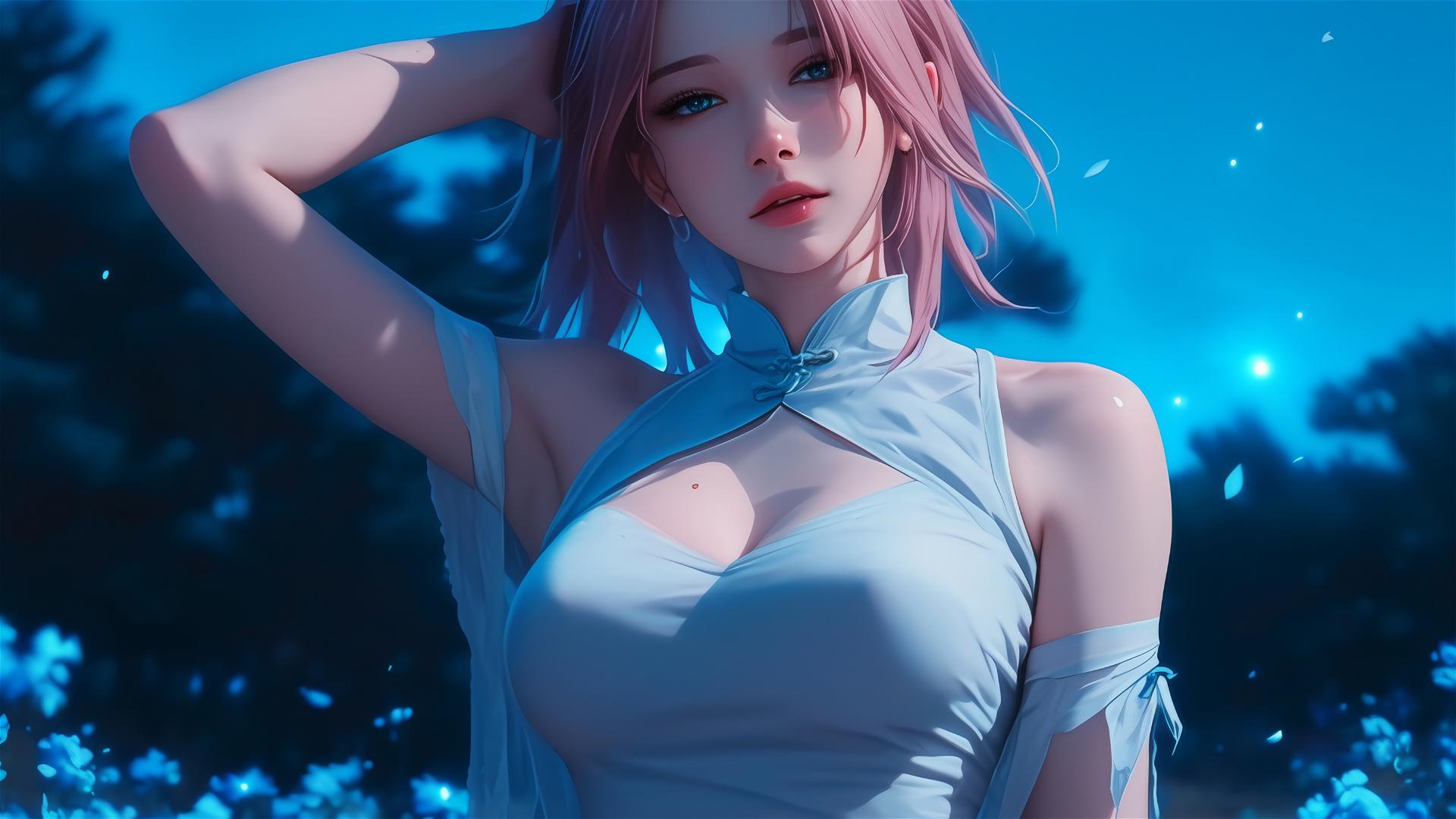 Sakura Haruno walking in blooming fields under a starry night with moonlight