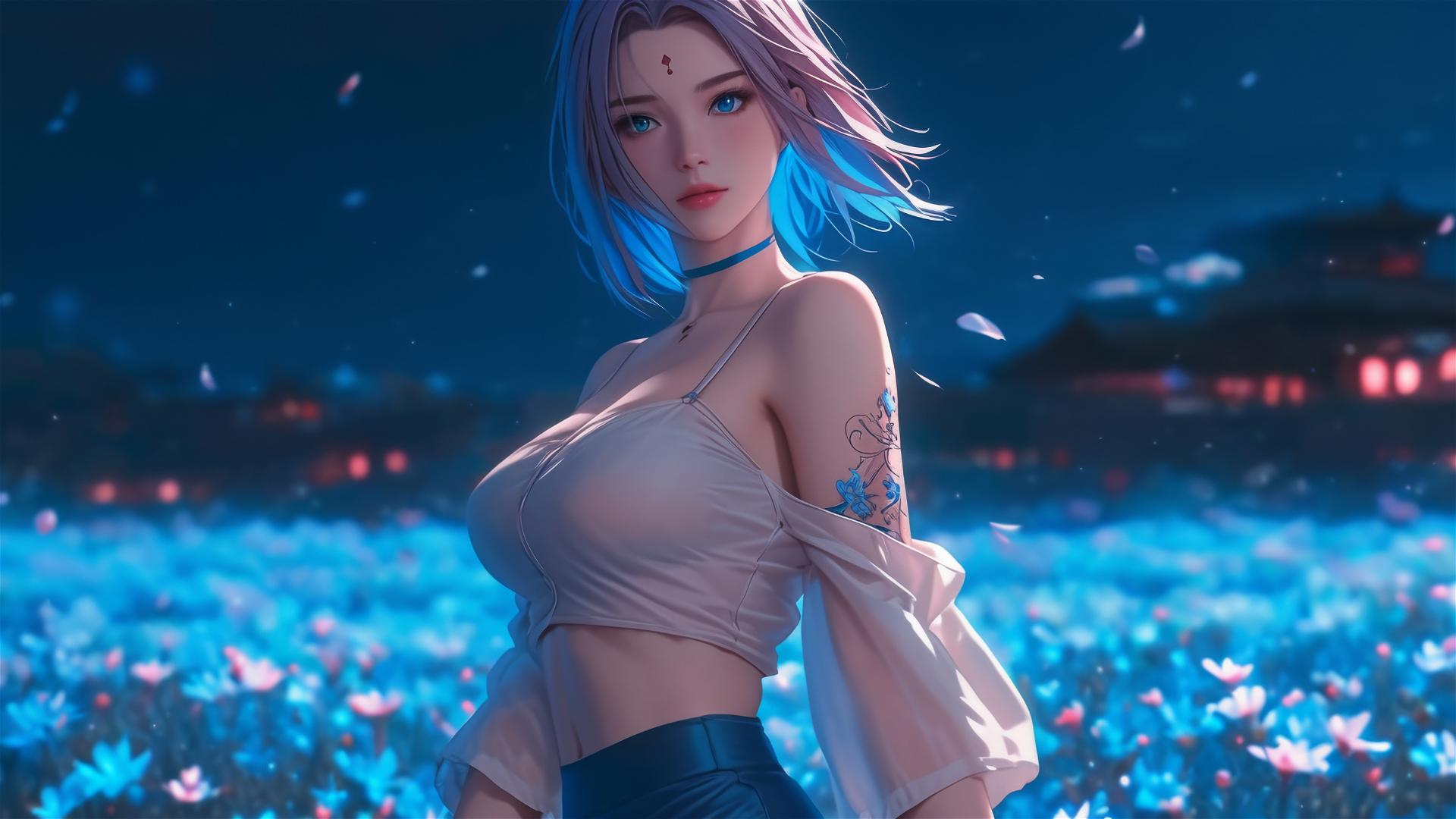 Sakura Haruno from Naruto walking under starry sky on blooming fields, bathed in moonlight