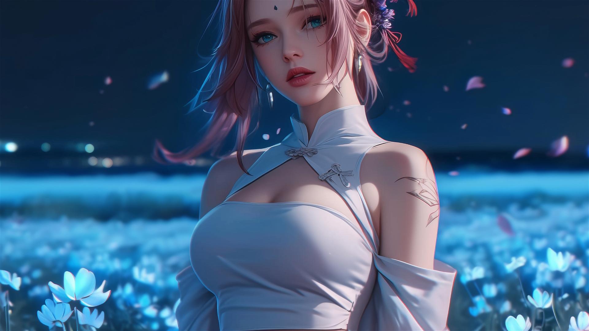 Sakura Haruno walking in blooming fields under moonlit starry night