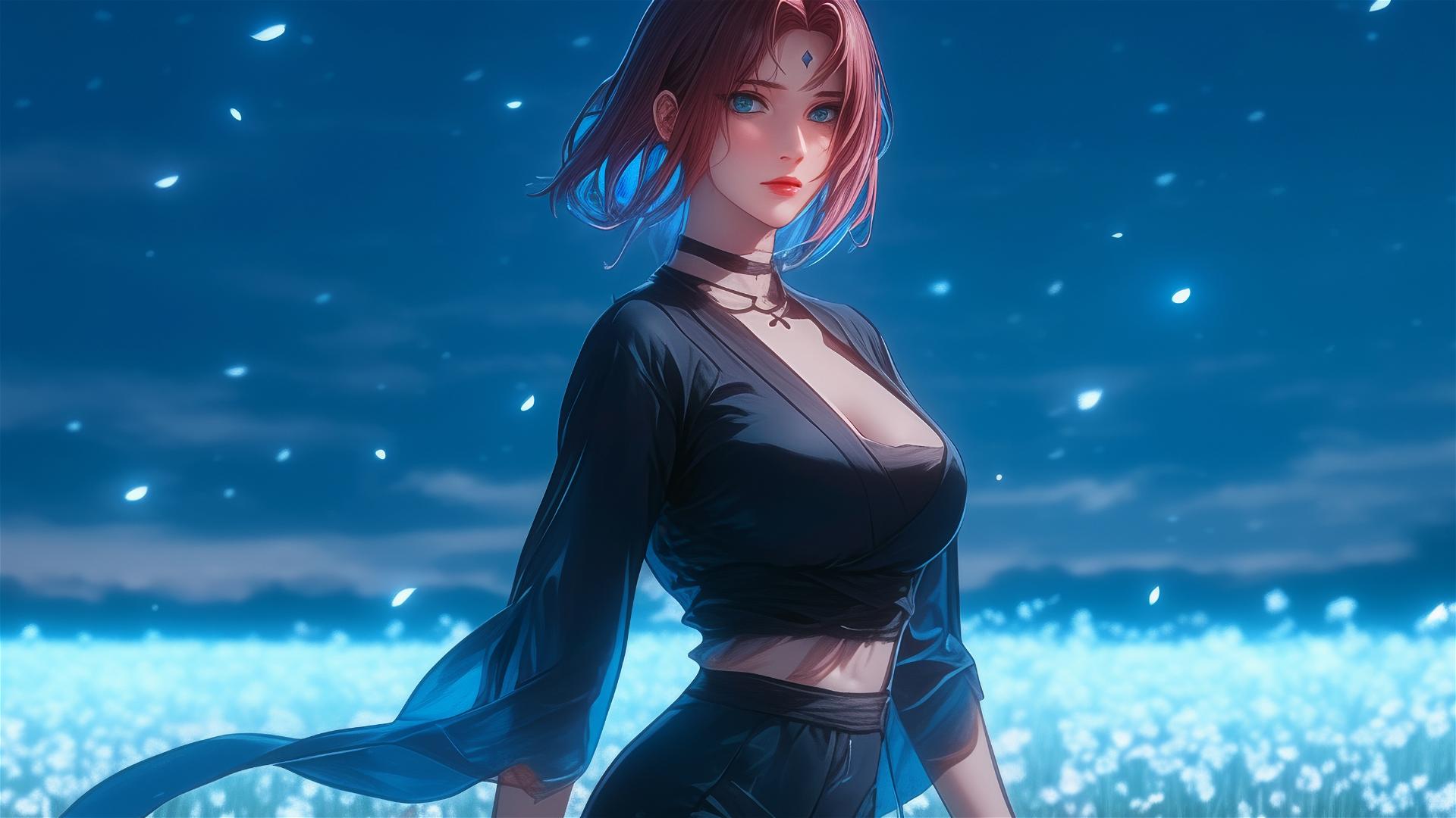 Sakura Haruno from Naruto walking on a blooming field under starry night with moonlight