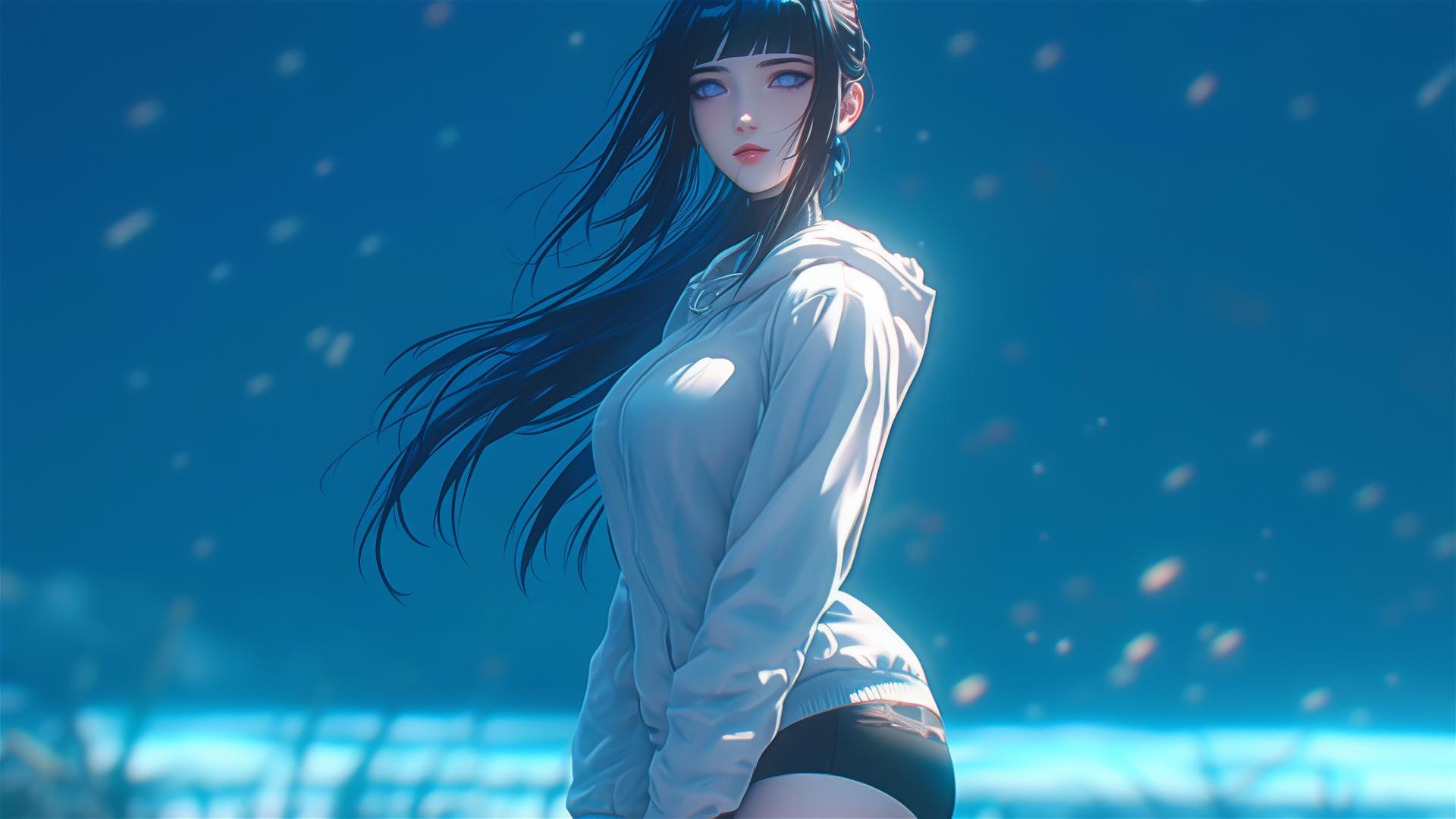 Hinata Hyuga from Naruto, leisurely walking under starry night on top of the hill with the moonlight casting a soft glow on her figure, aesthetic.
