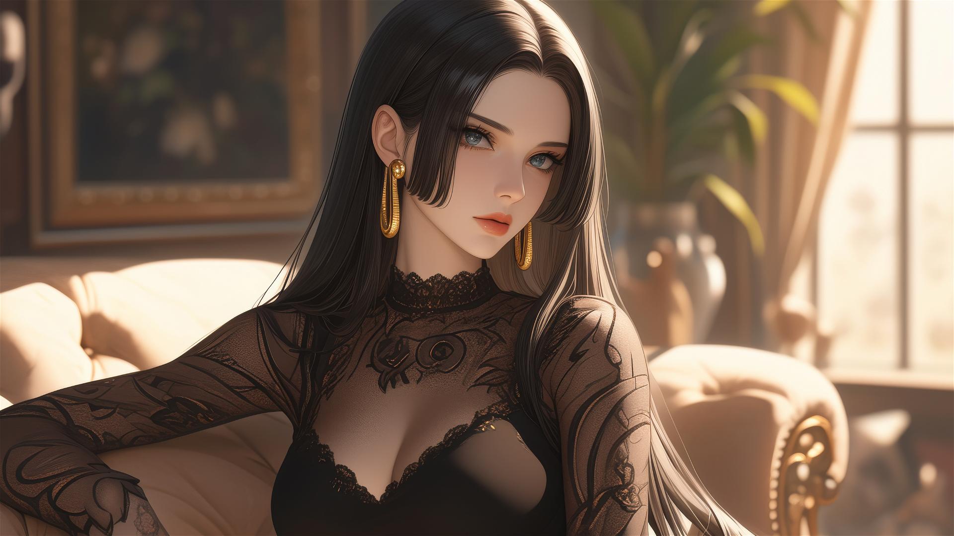 Boa Hancock from One Piece strolling through an art gallery with soft lighting