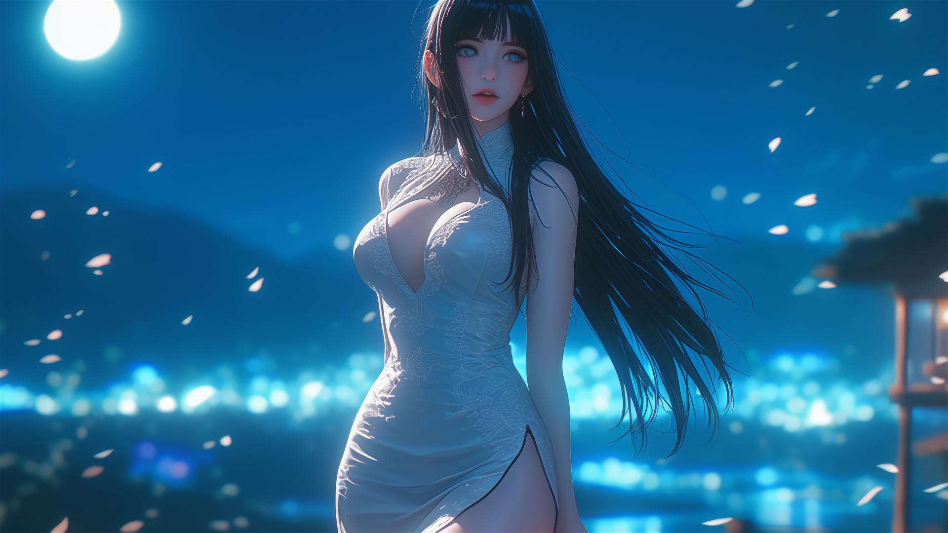 Hinata Hyuga walking under a starry night with moonlight on a hill