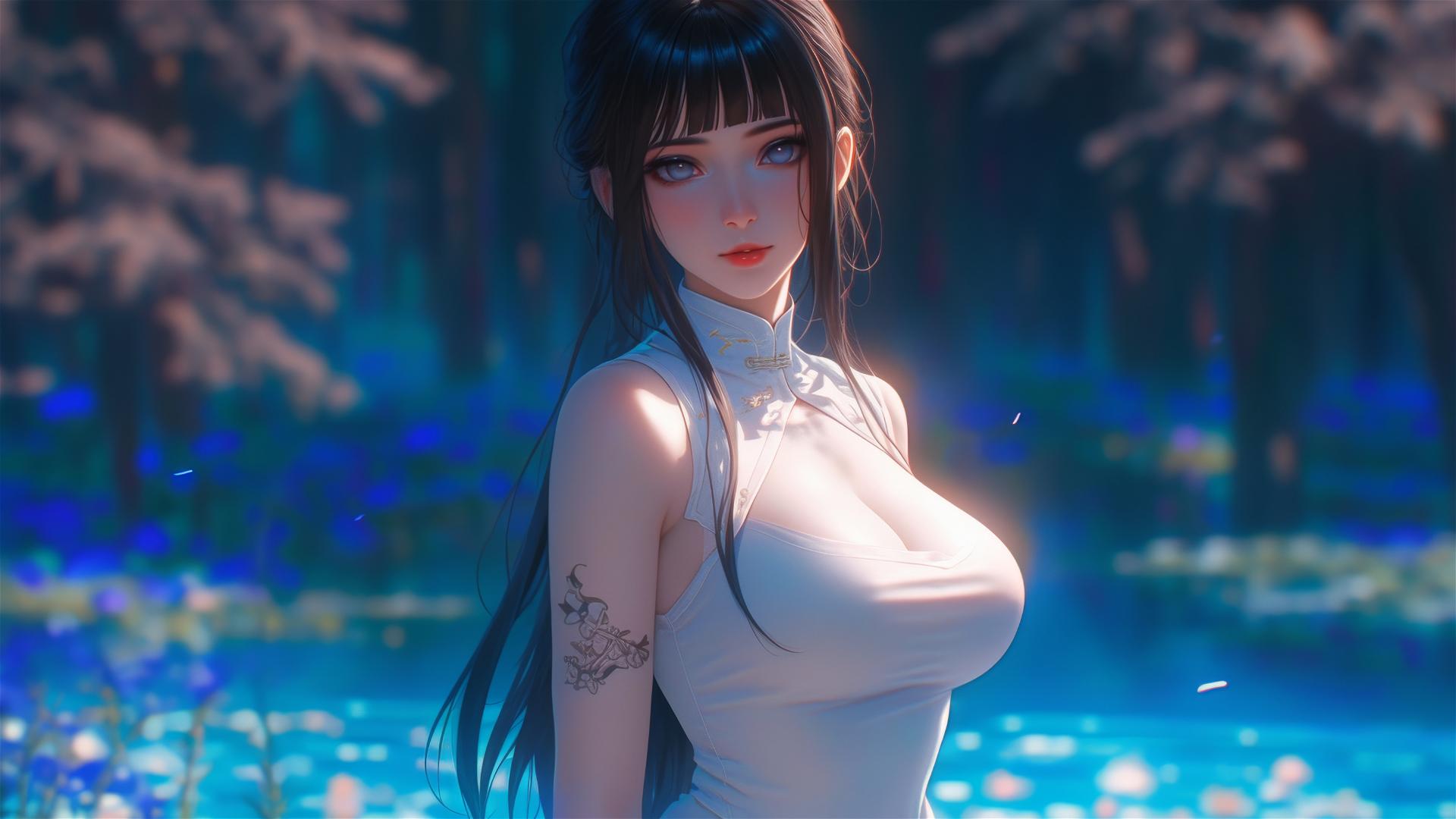 Hinata Hyuga from Naruto leisurely strolling in a blossoming garden with soft sunlight illumining her figure