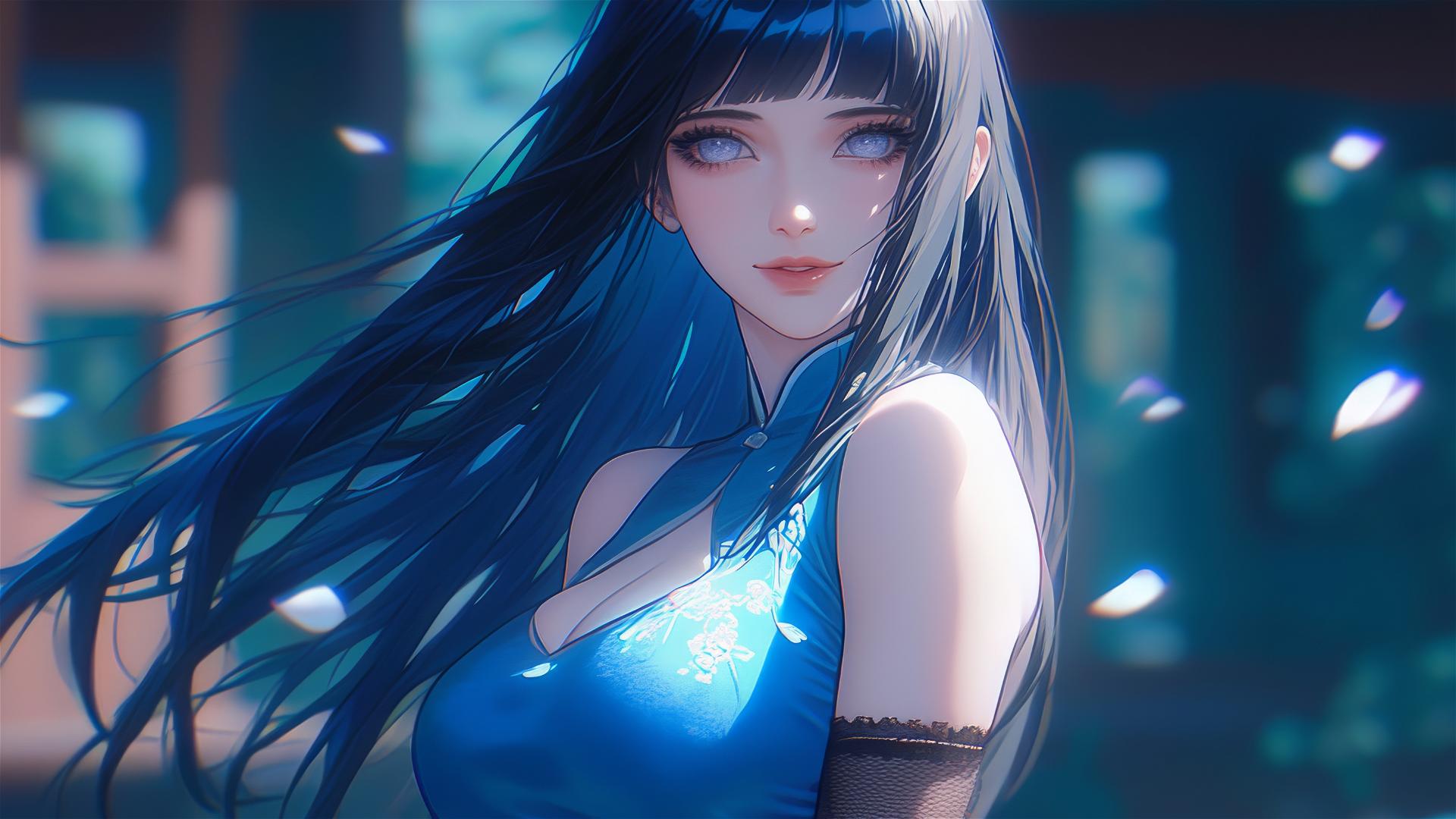 Hinata Hyuga from Naruto walking in a sunlit blooming garden