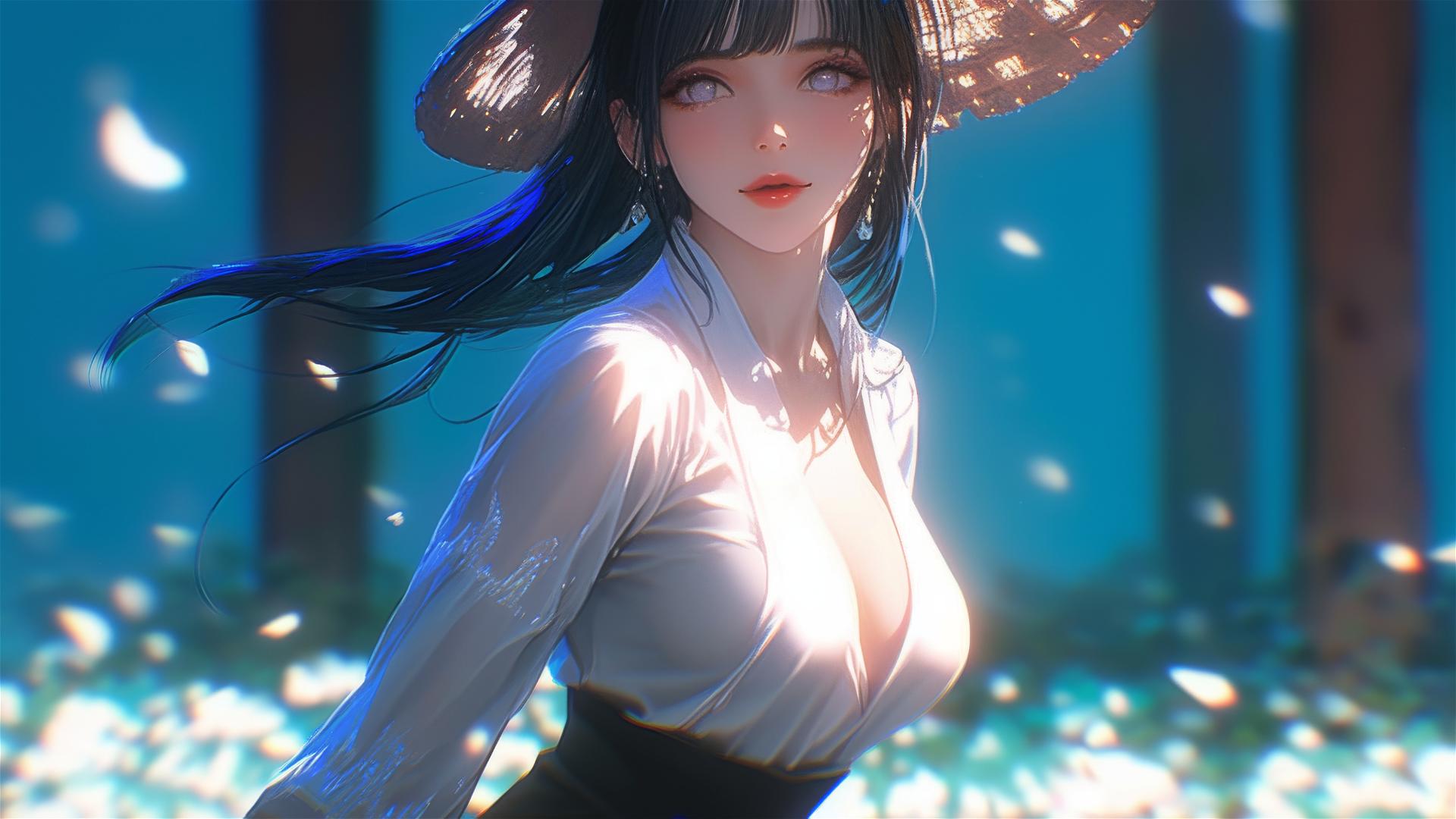 Hinata Hyuga from Naruto strolling in a blossoming garden with sun's soft glow illuminating her figure.