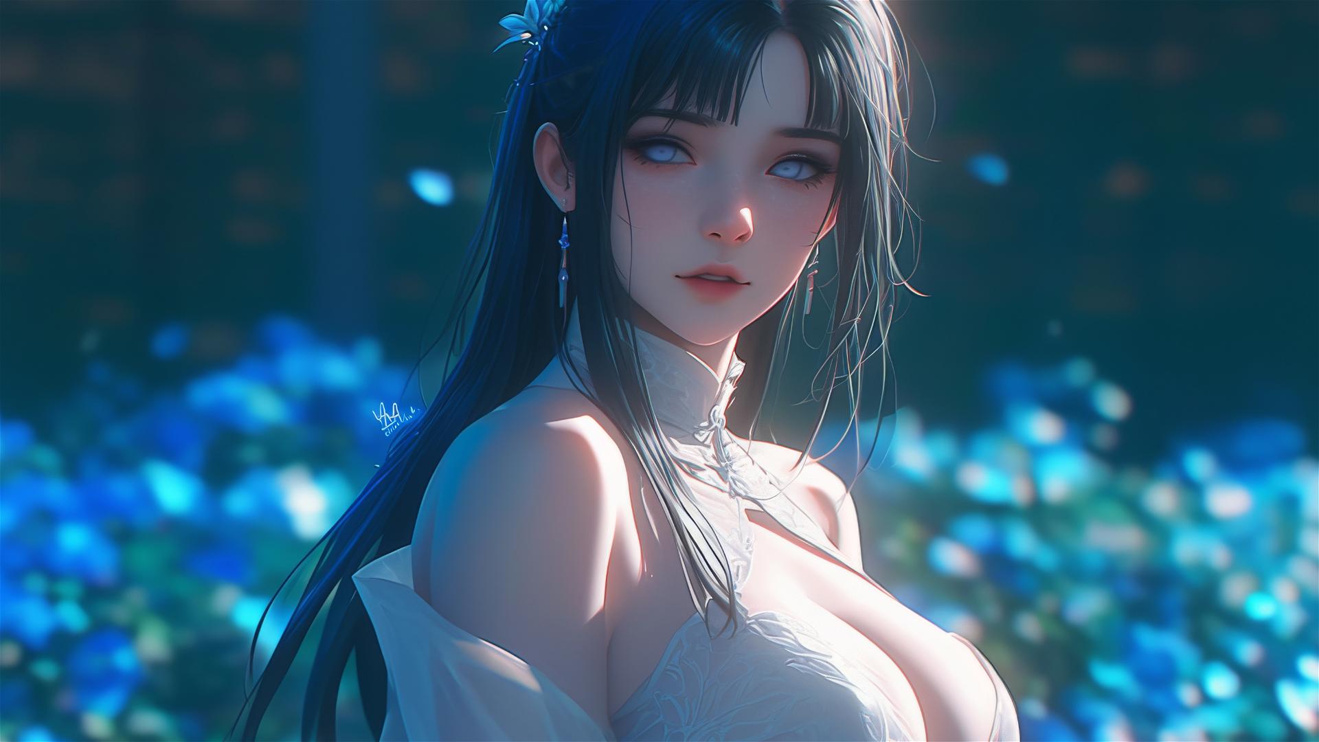 Hinata Hyuga in a blooming garden with sunlight glow
