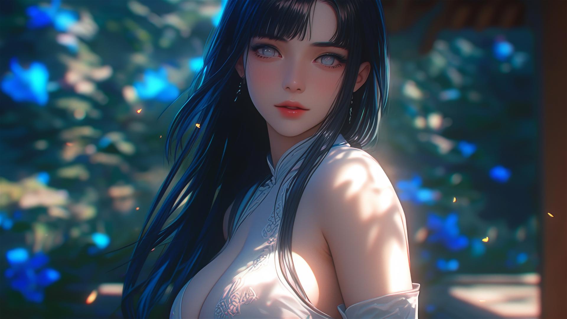 Hinata Hyuga walking in a blooming garden with sunlight casting a soft glow