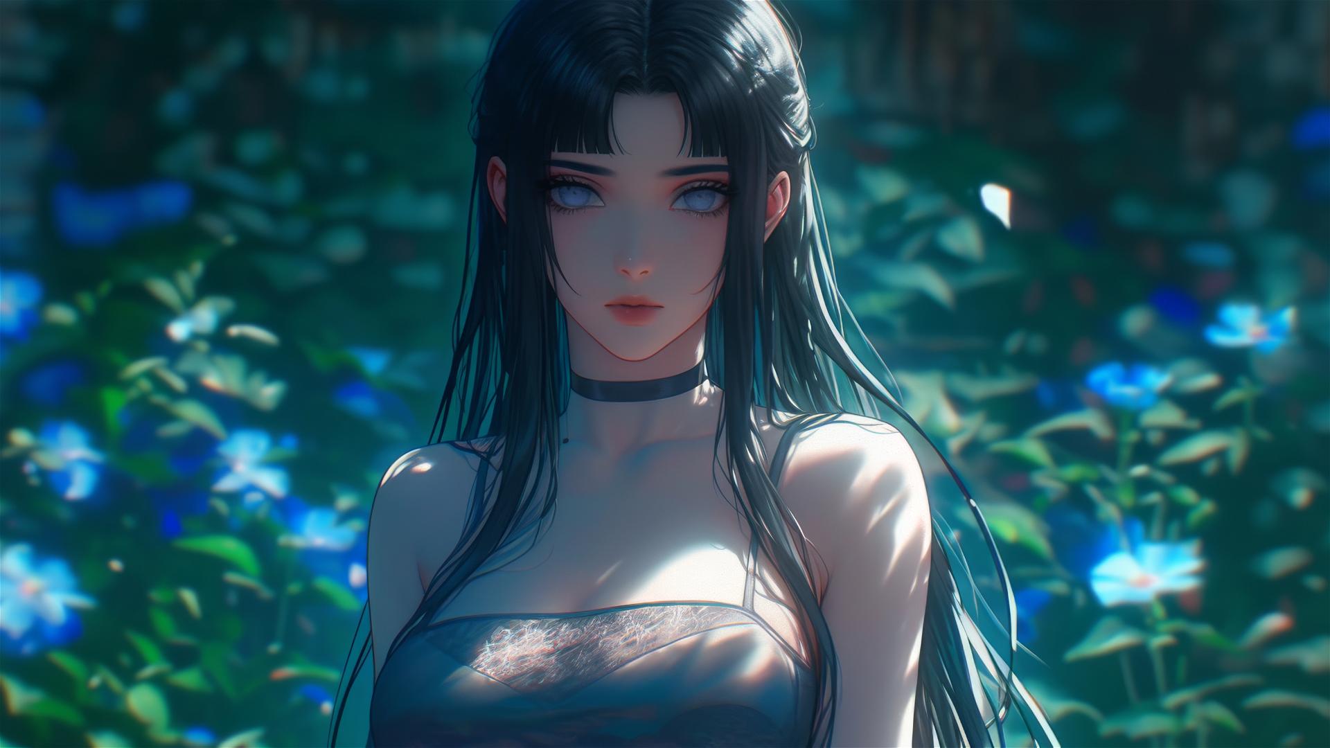 Hinata Hyuga leisurely walking in a blooming garden with sunlight casting a soft glow