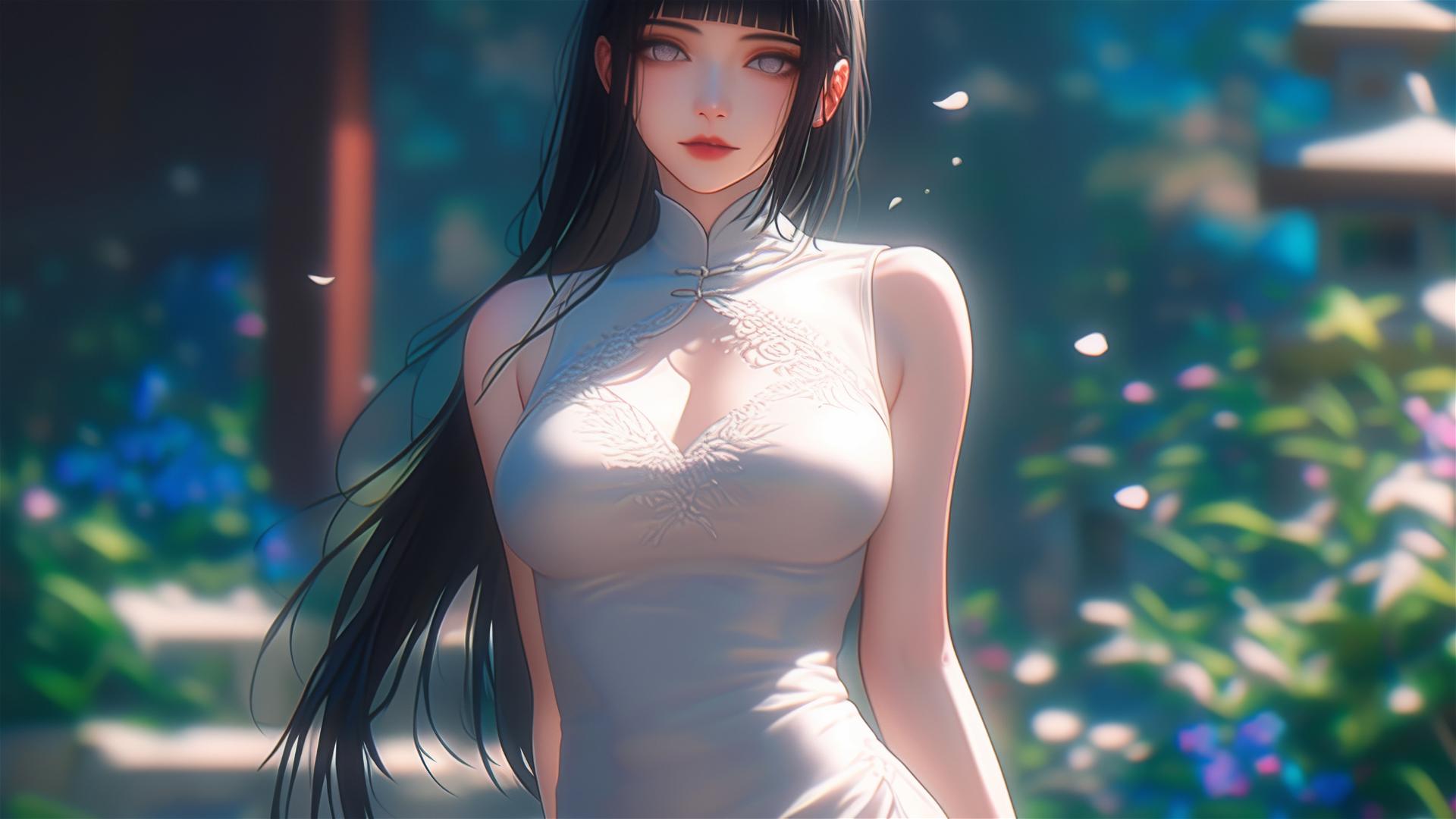Hinata Hyuga walking in a blooming garden with sunlight casting a soft glow