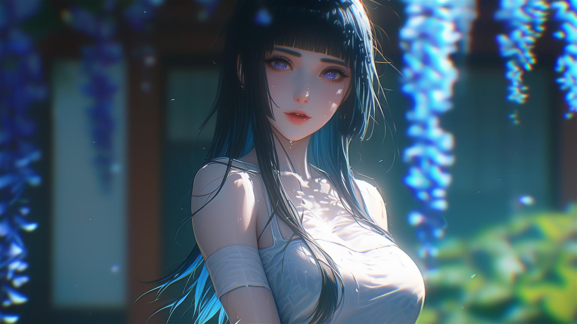 Hinata Hyuga walking in a garden with blooming flowers and soft sunlight.