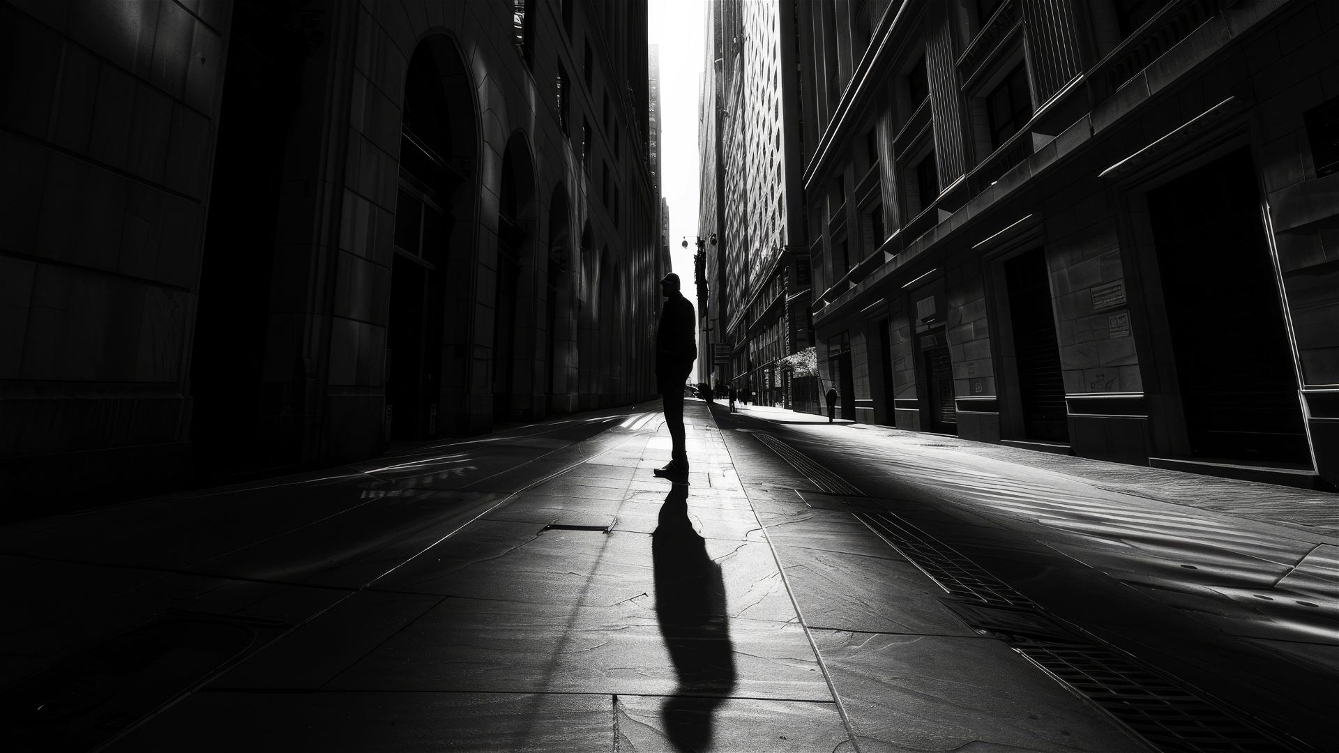 Silhouetted figure on a monochrome city street with shadow revealing global enterprise visions