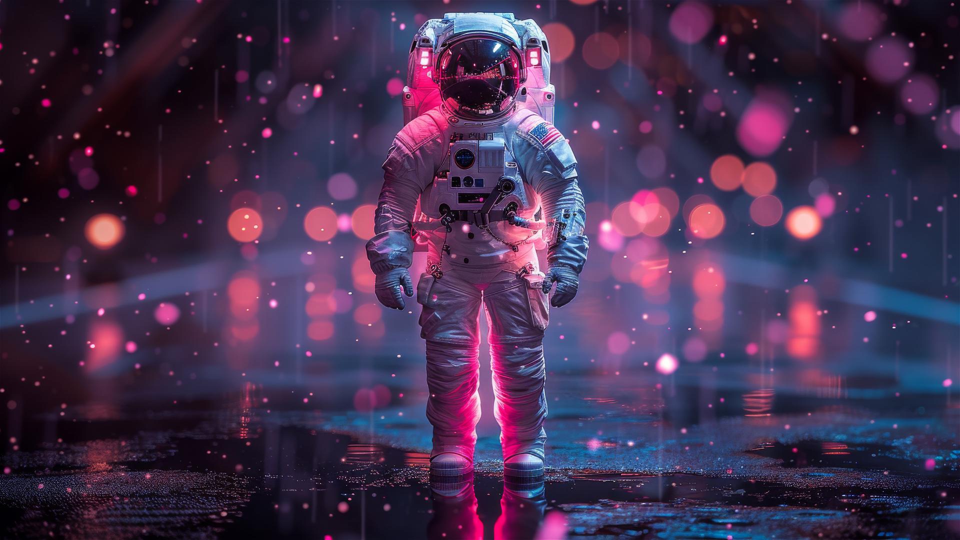 Hot pink ultra-photorealistic astronaut against a pitch-black background