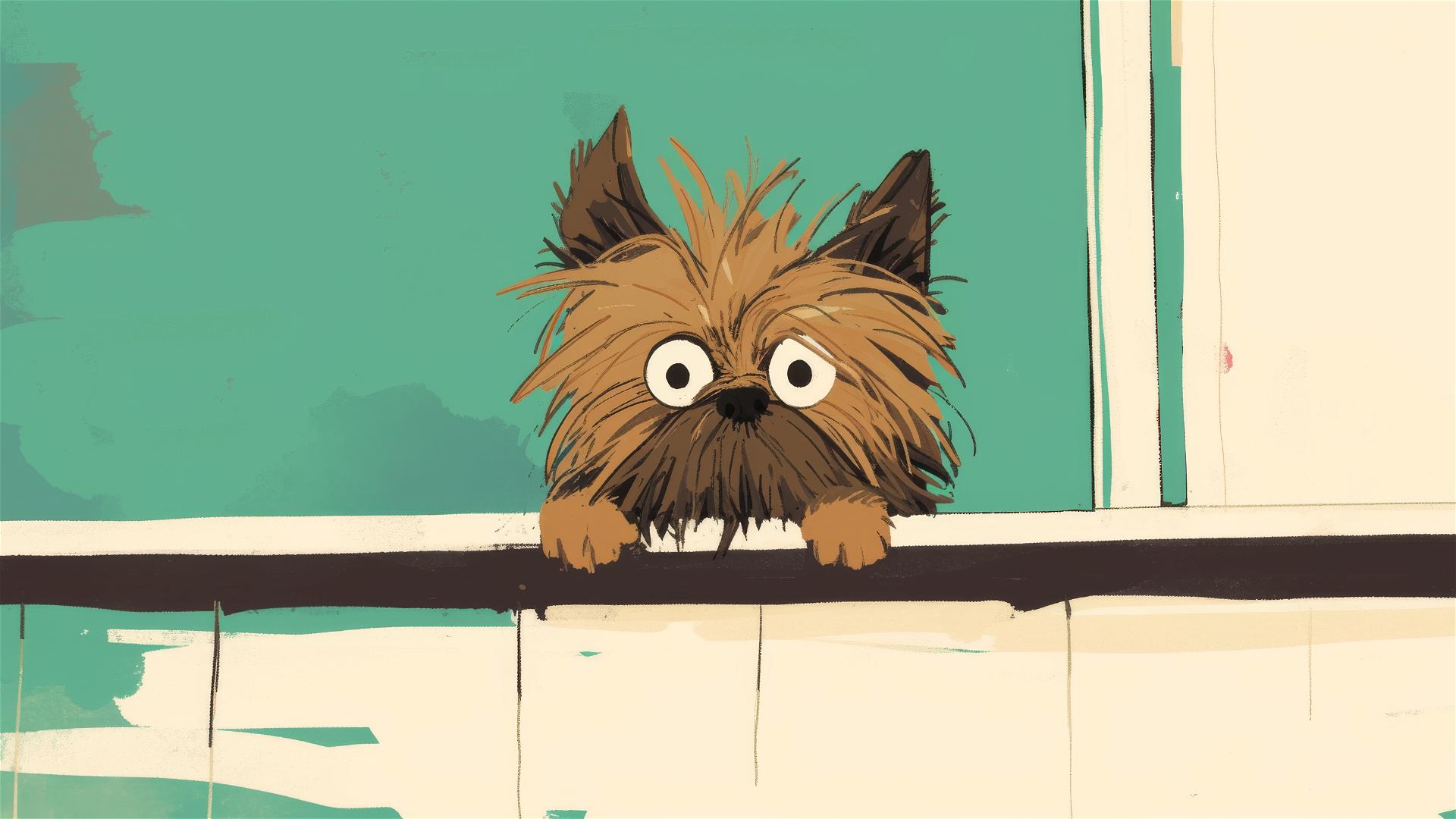 simple doodle of a big fat Yorkshire Terrier sits on a balcony looking to the camera with his big eyes, simple drawing in the style of Quentin Blake, minimalism, childlike