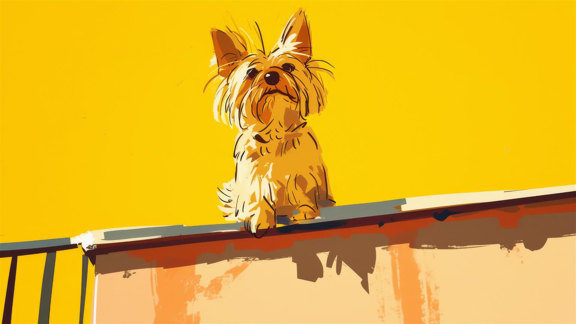 Yorkshire Terrier doodle on balcony in Quentin Blake style