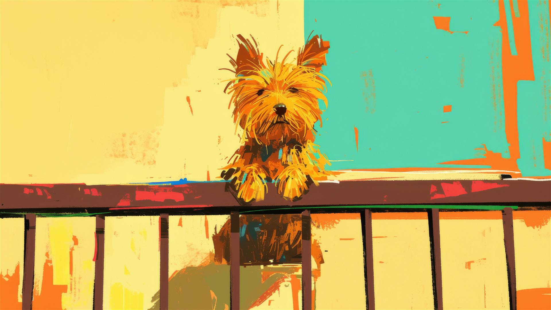 Big-eyed Yorkshire Terrier doodle on balcony in Quentin Blake's style