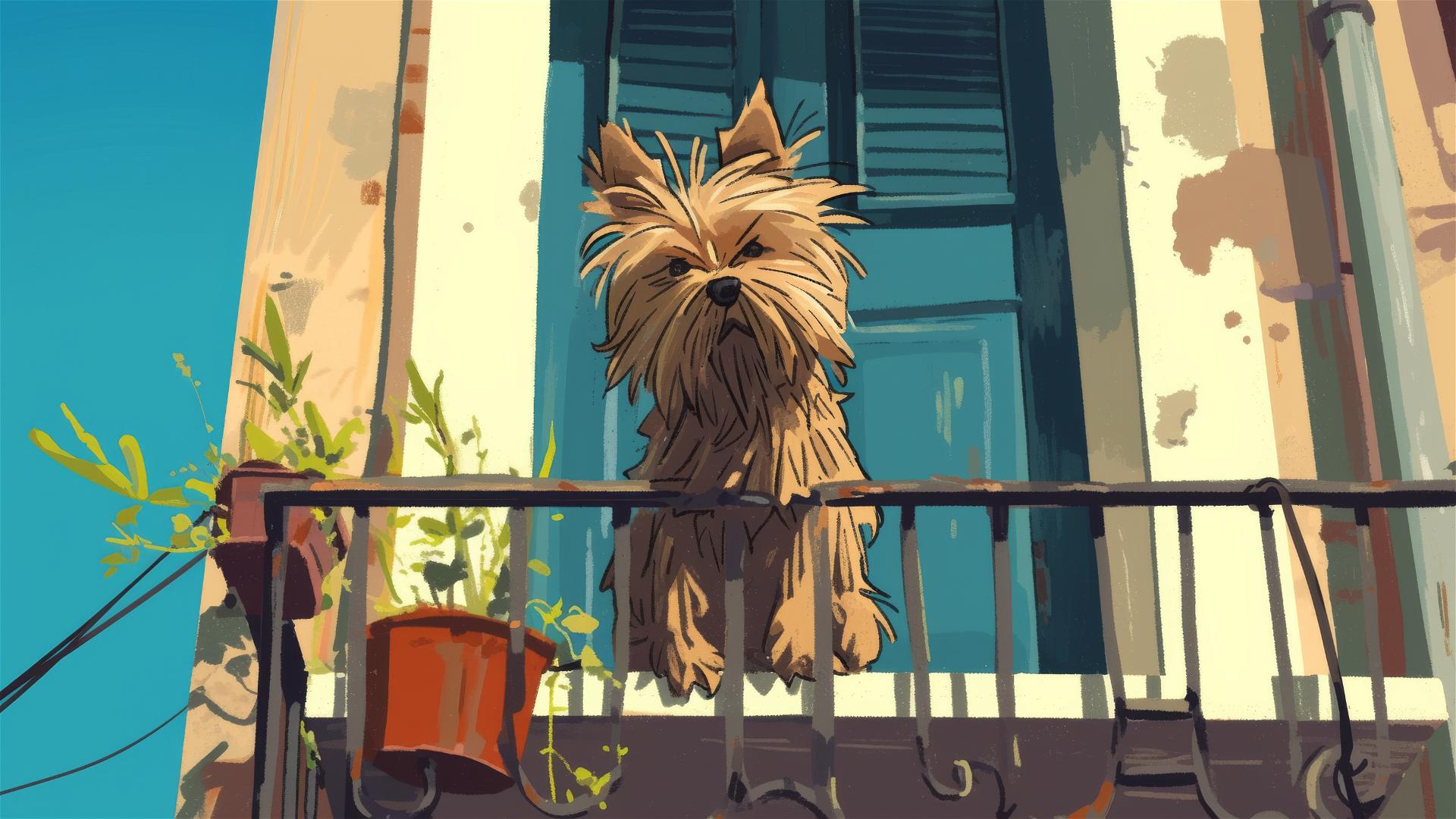 Yorkshire Terrier drawn in Quentin Blake style sitting on a balcony