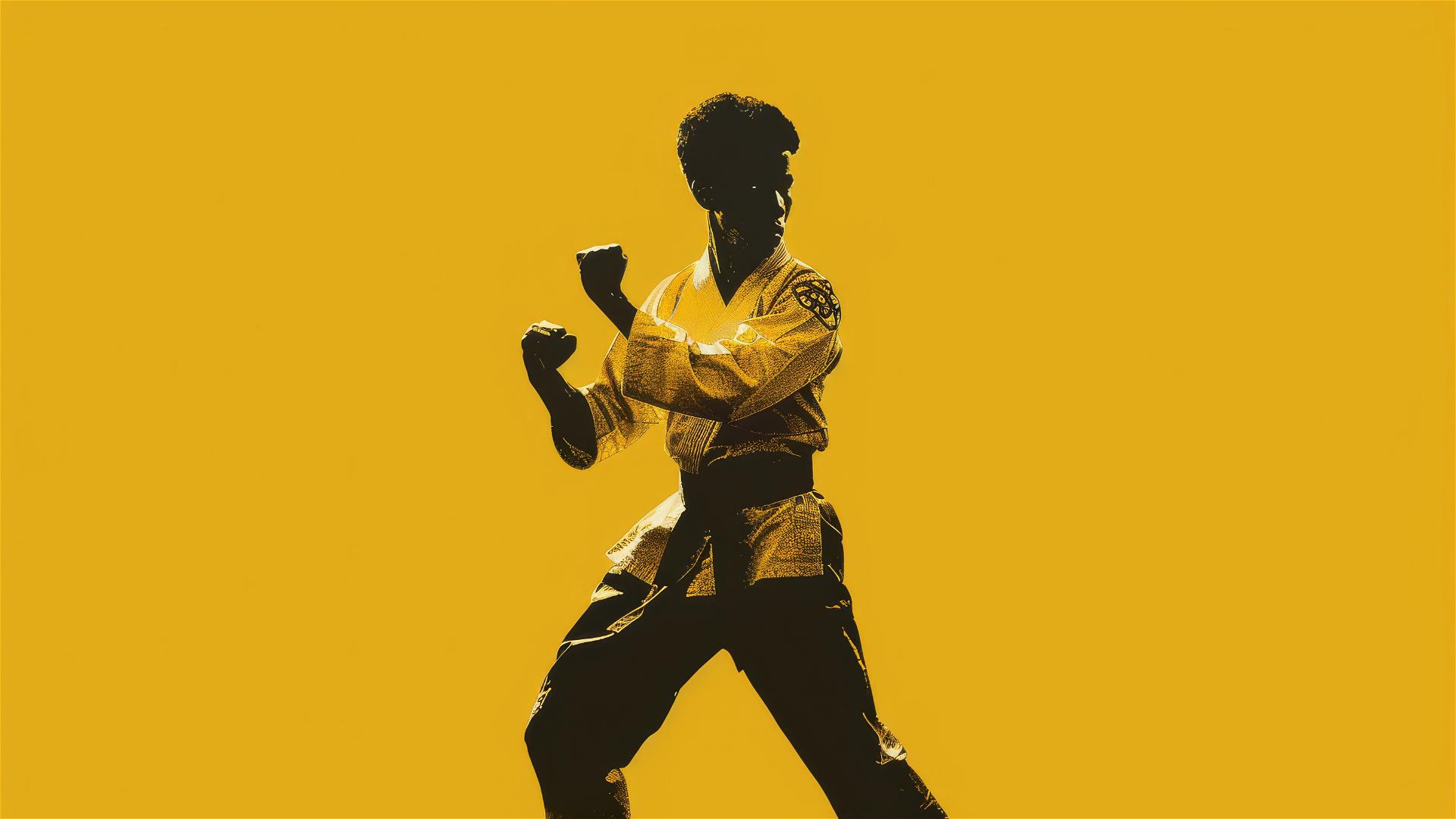 1970s-era Black martial artist silhouette on solid yellow background