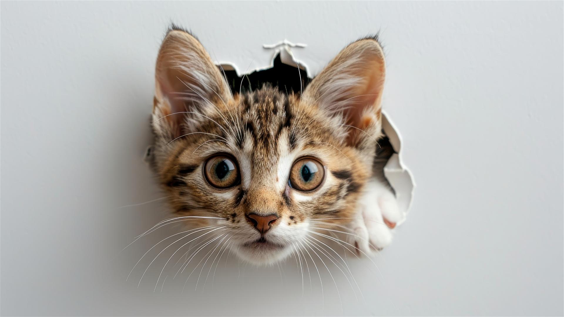 Cute kitten peeking from hole in plain white paper